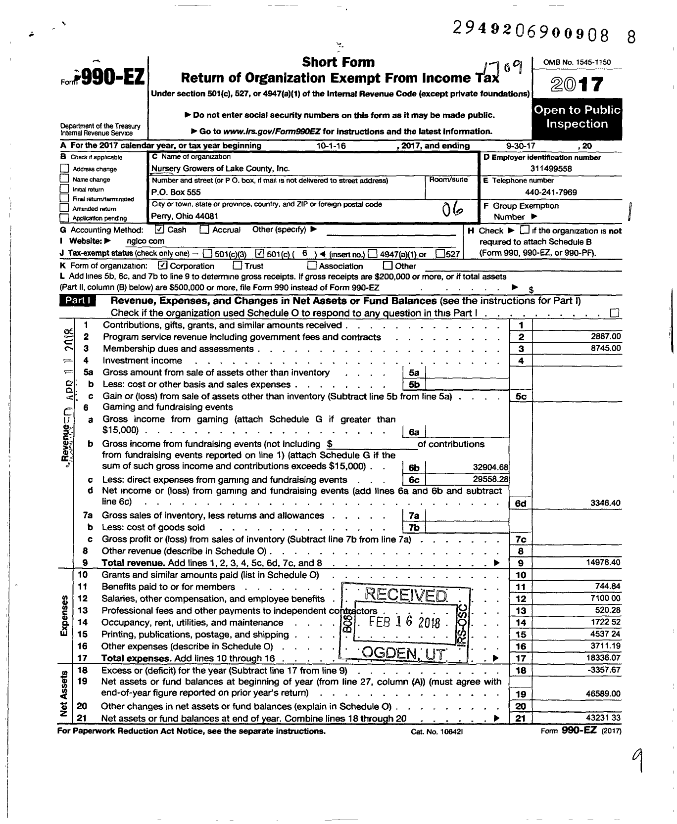 Image of first page of 2016 Form 990EO for Nursery Growers of Lake County Ohio