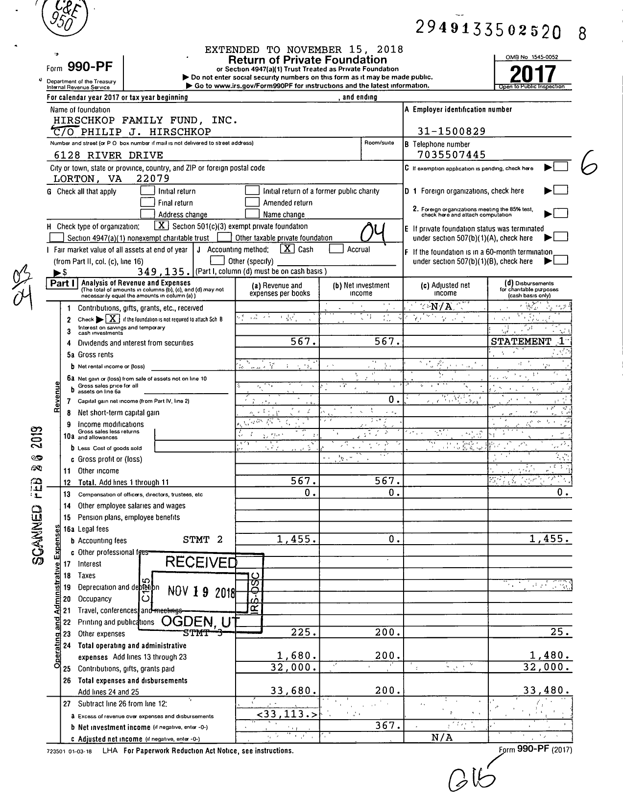 Image of first page of 2017 Form 990PF for Hirschkop Family Fund