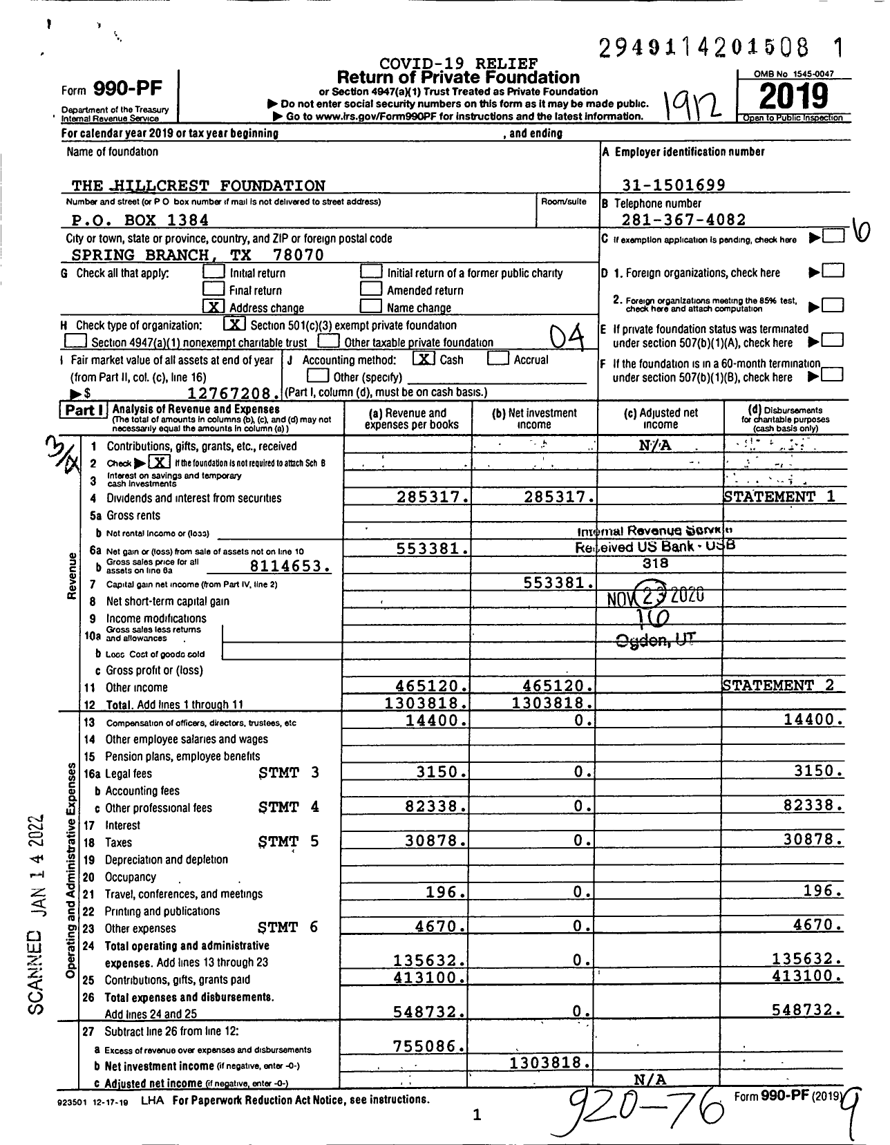 Image of first page of 2019 Form 990PF for The Hillcrest Foundation