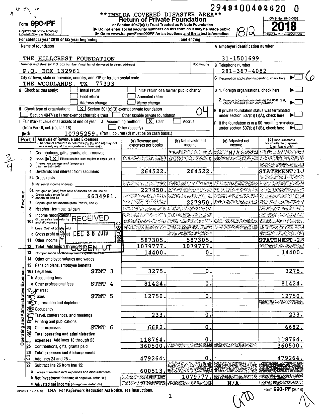 Image of first page of 2018 Form 990PR for The Hillcrest Foundation