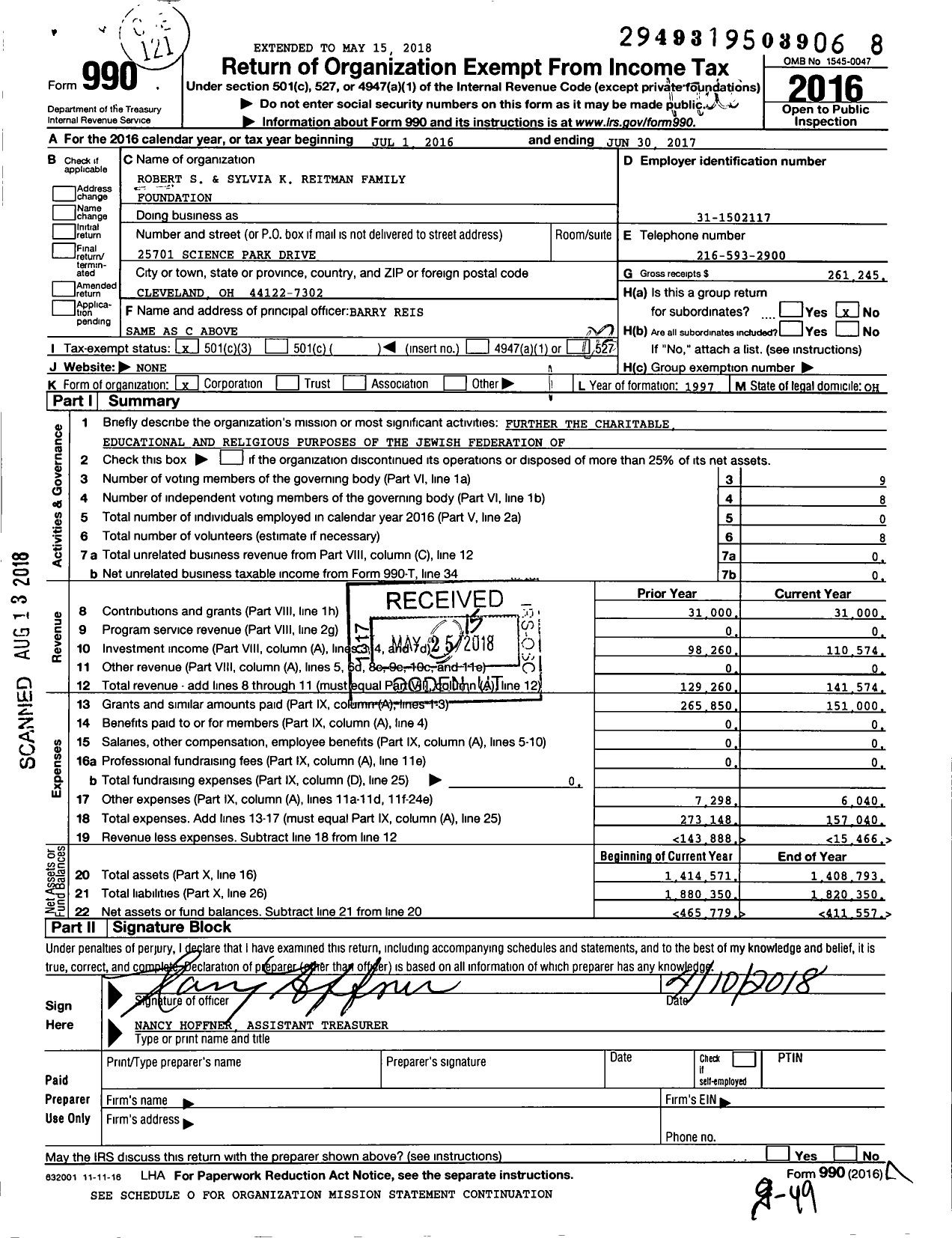 Image of first page of 2016 Form 990 for Robert S and Sylvia K Reitman Family Foundation
