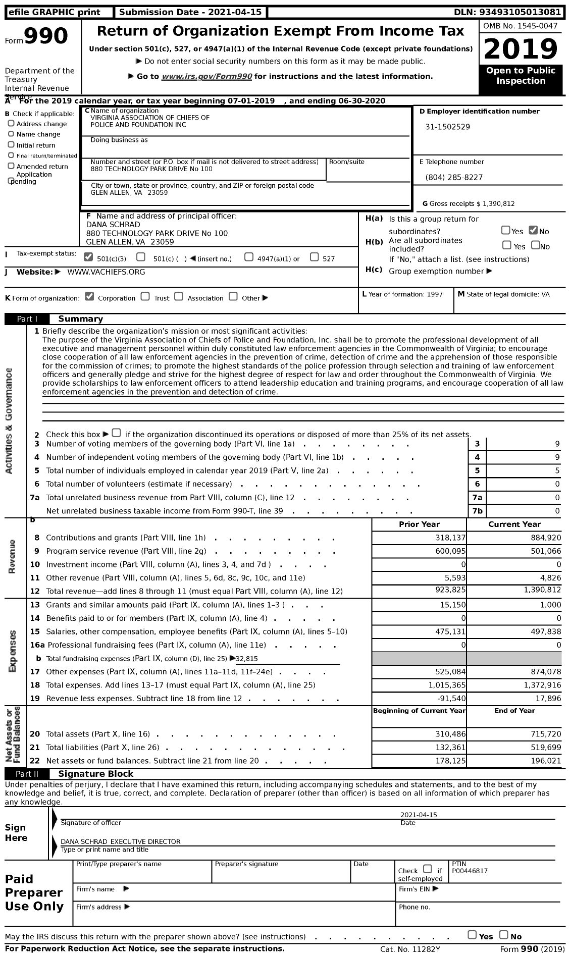 Image of first page of 2019 Form 990 for Virginia Association of Chiefs of Police and Foundation