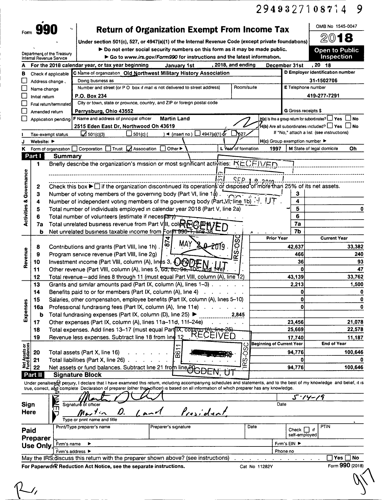 Image of first page of 2018 Form 990 for Old Northwest Military History Association