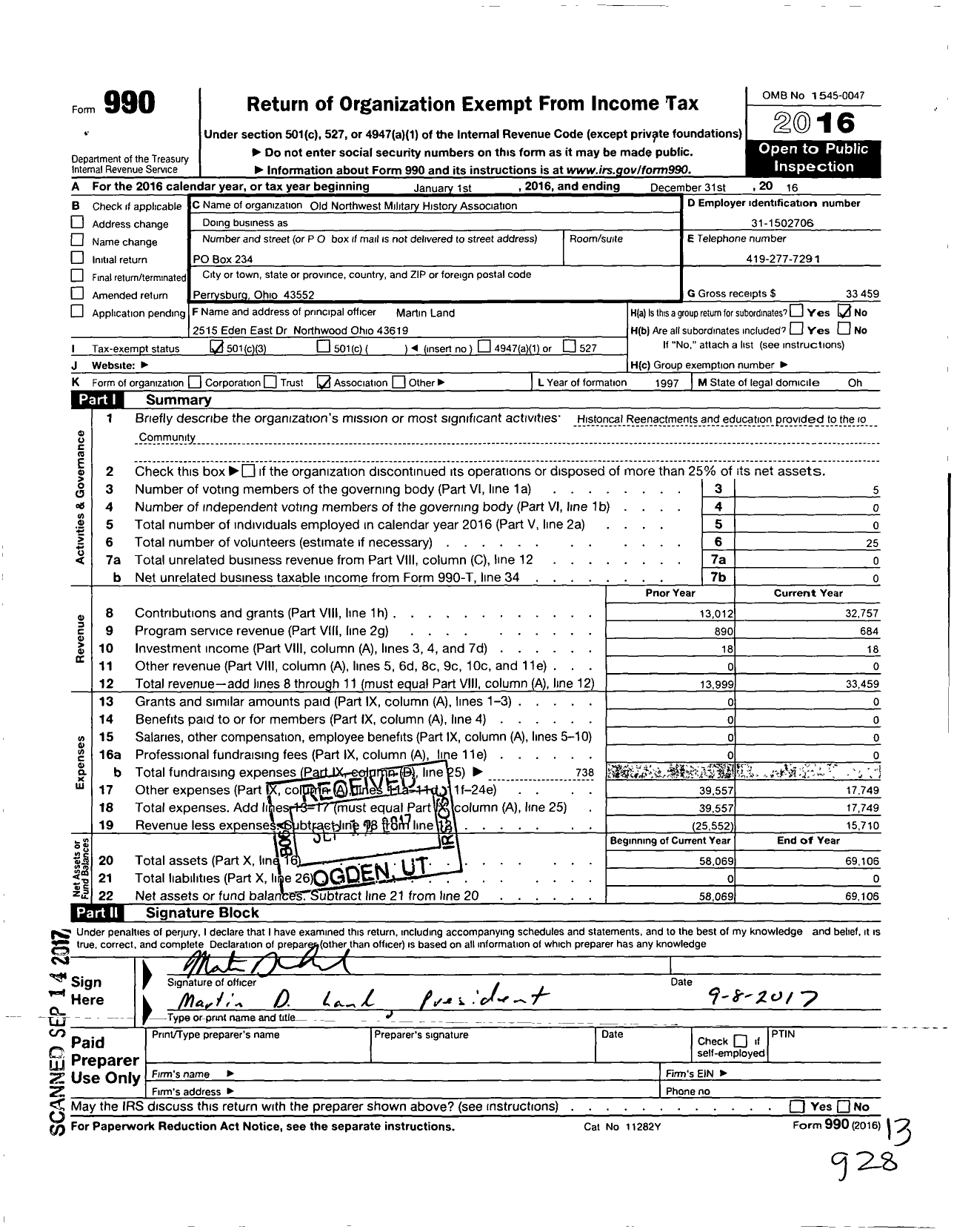 Image of first page of 2016 Form 990 for Old Northwest Military History Association