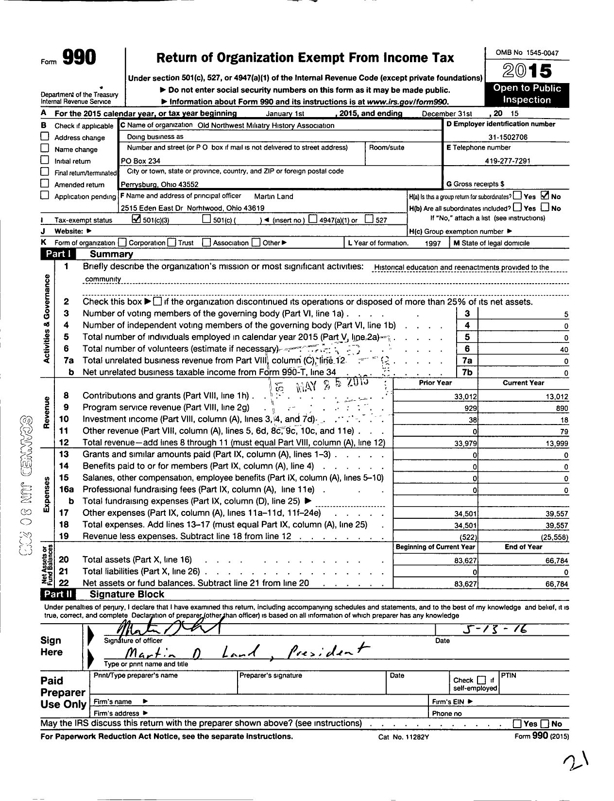 Image of first page of 2015 Form 990 for Old Northwest Military History Association