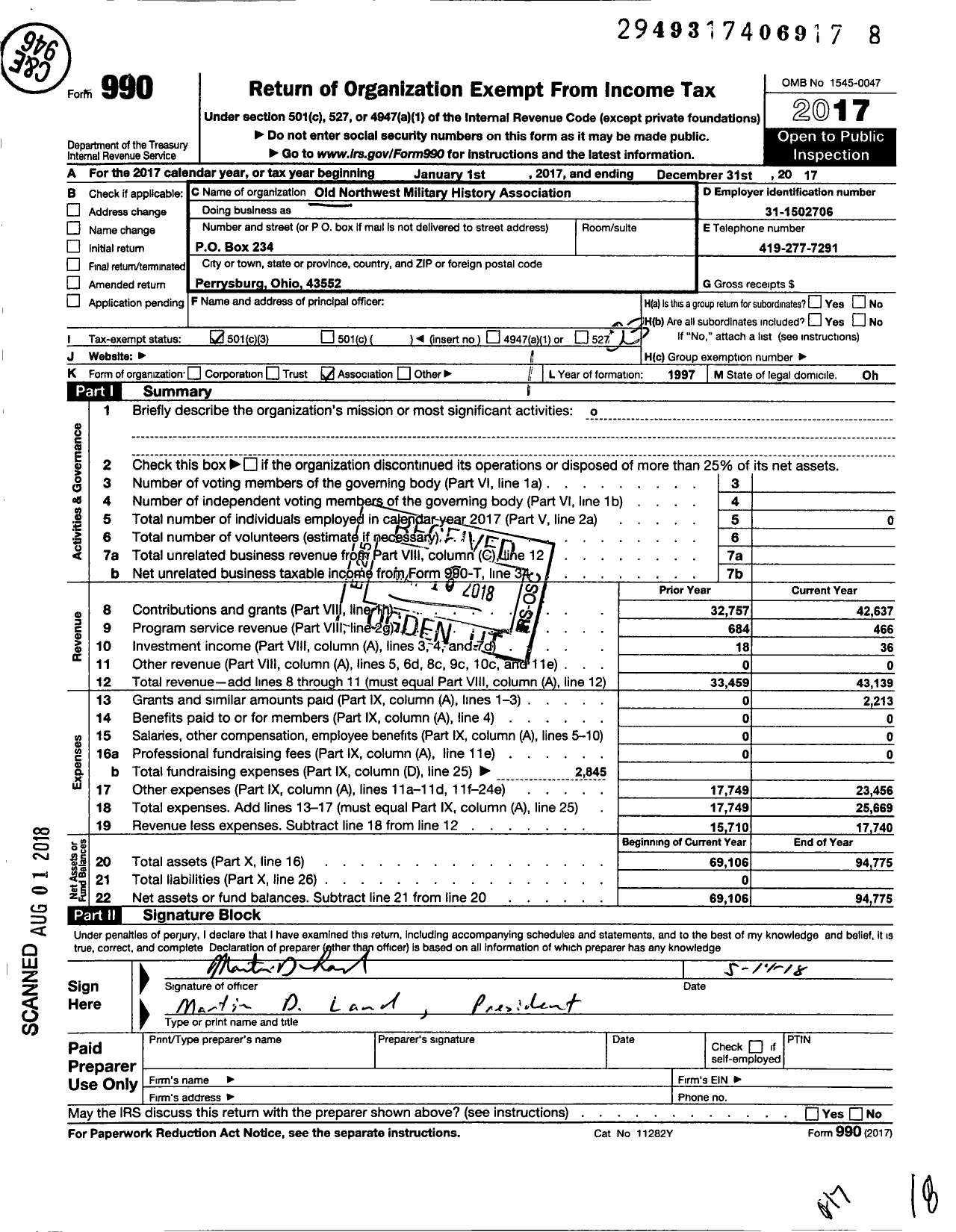 Image of first page of 2017 Form 990 for Old Northwest Military History Association