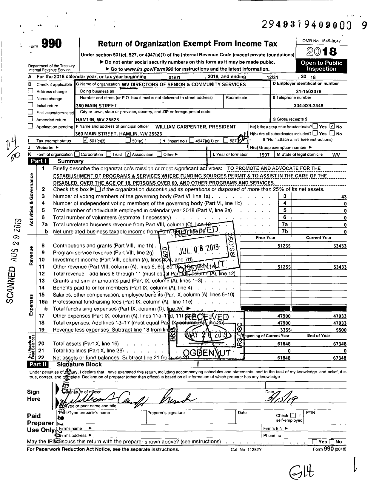 Image of first page of 2018 Form 990O for West Virginia Directors of Senior and Community Services