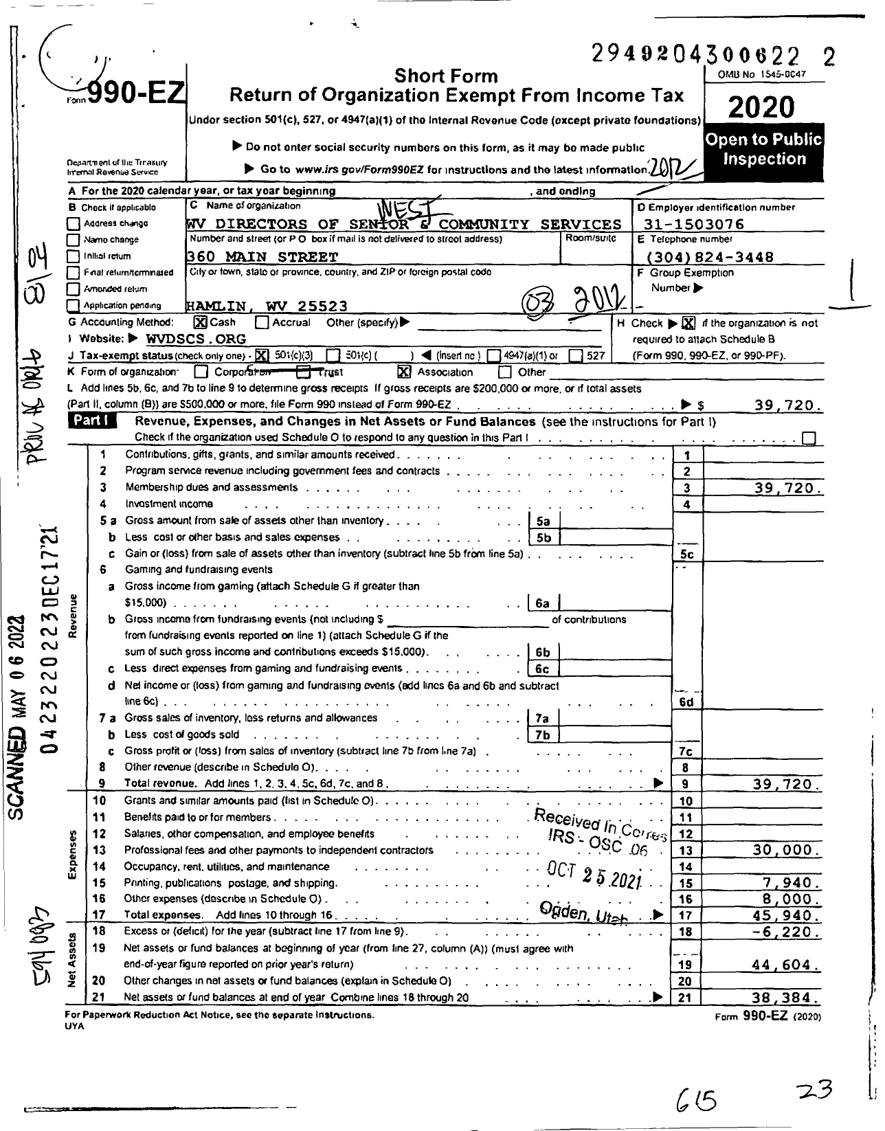 Image of first page of 2020 Form 990EO for West Virginia Directors of Senior and Community Services