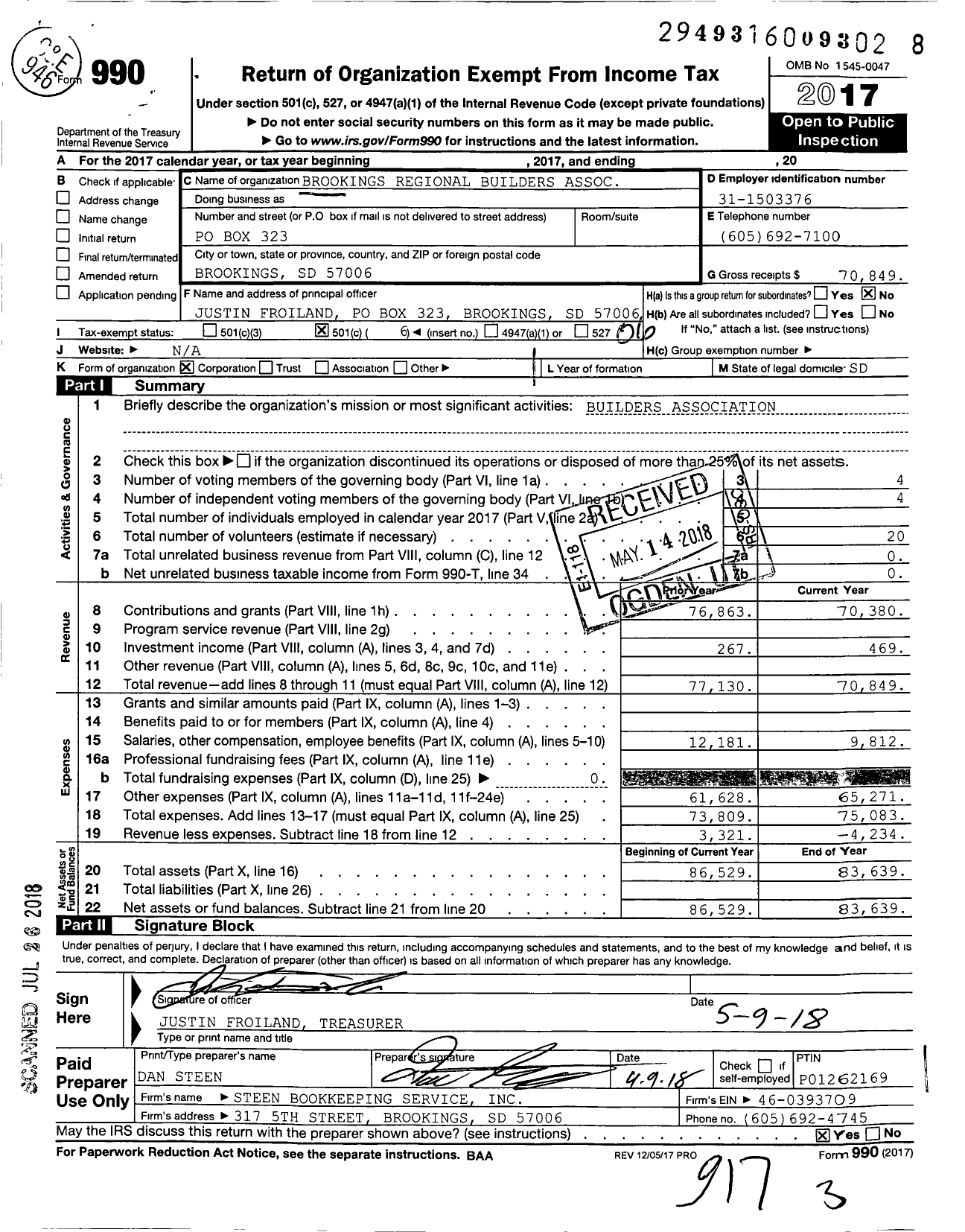 Image of first page of 2017 Form 990O for Brookings Regional Builders Association