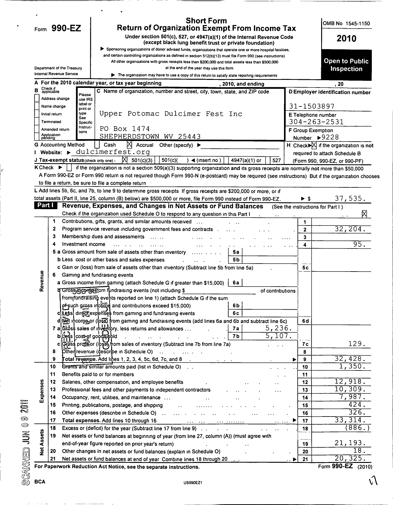 Image of first page of 2010 Form 990EZ for Country Dance and Song Society / Upper Potomac Music Weekends