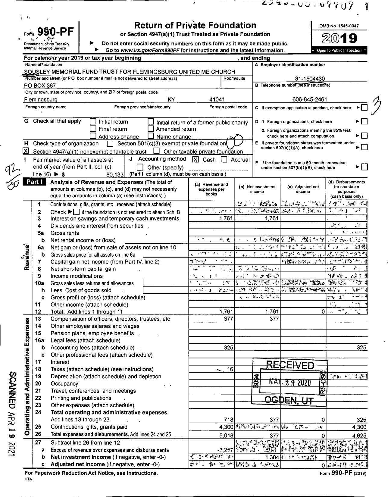 Image of first page of 2019 Form 990PF for Sousley Memorial Fund Trust for Flemingsburg United Me Church