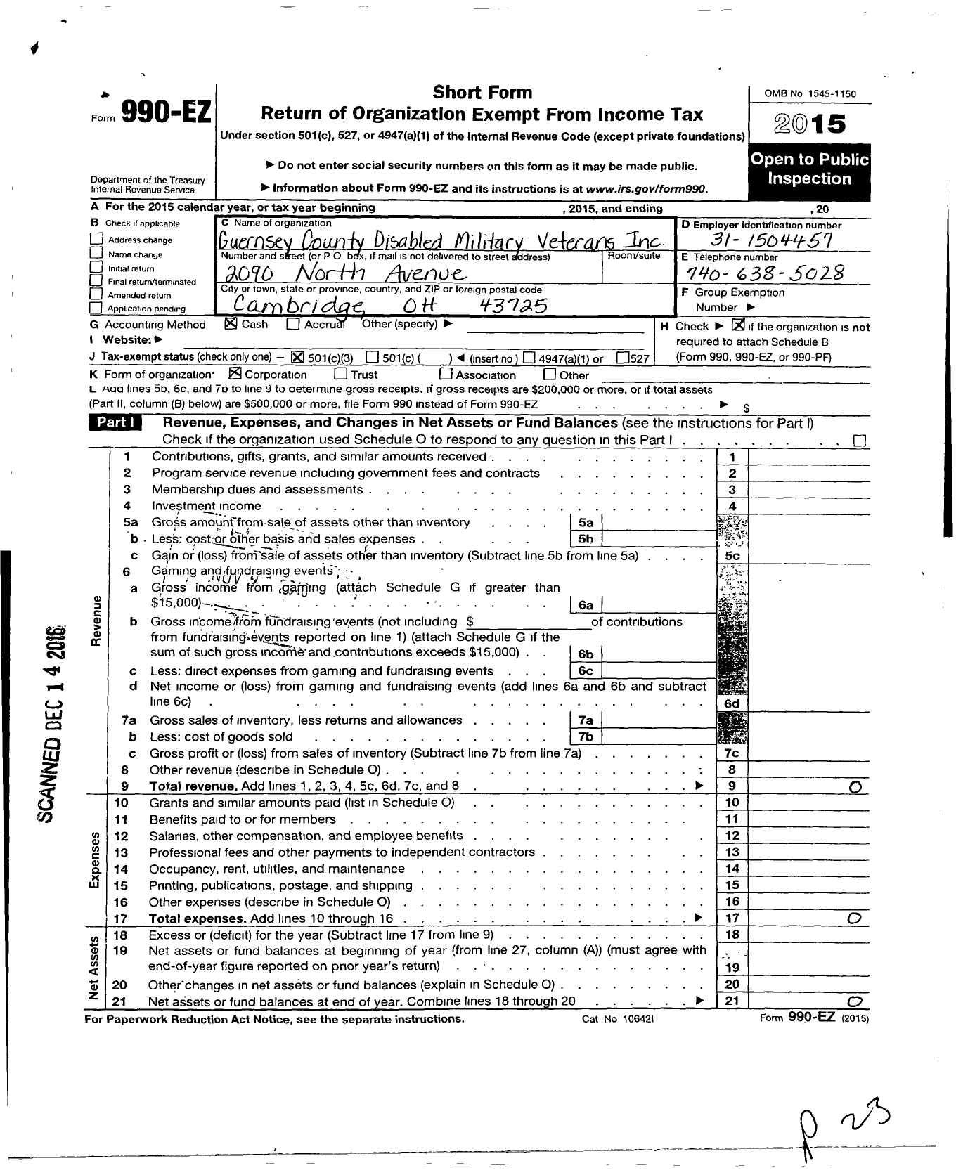 Image of first page of 2015 Form 990EZ for The Guernsey County Disabled Military Veterans Incorporated