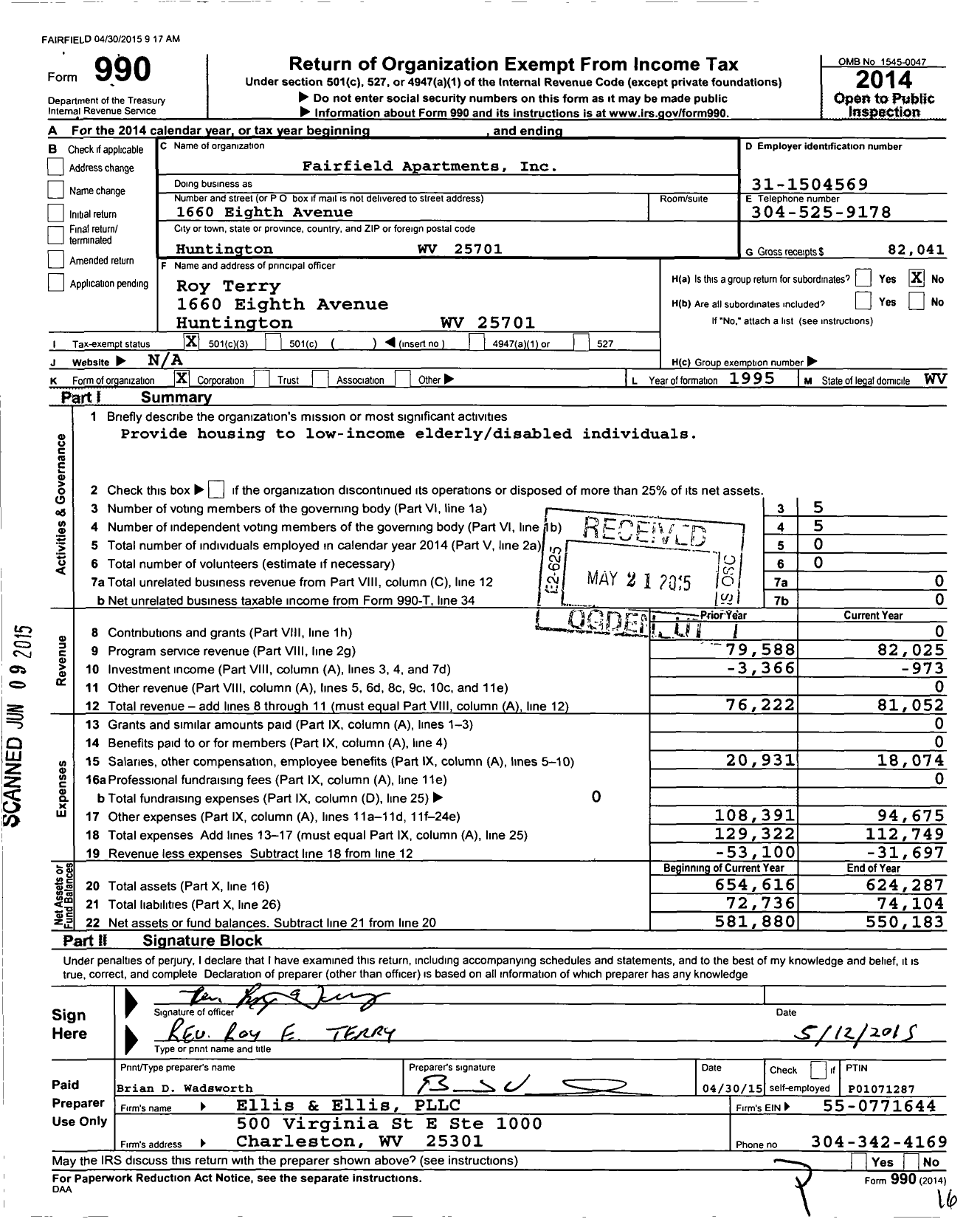 Image of first page of 2014 Form 990 for Fairfield Apartments