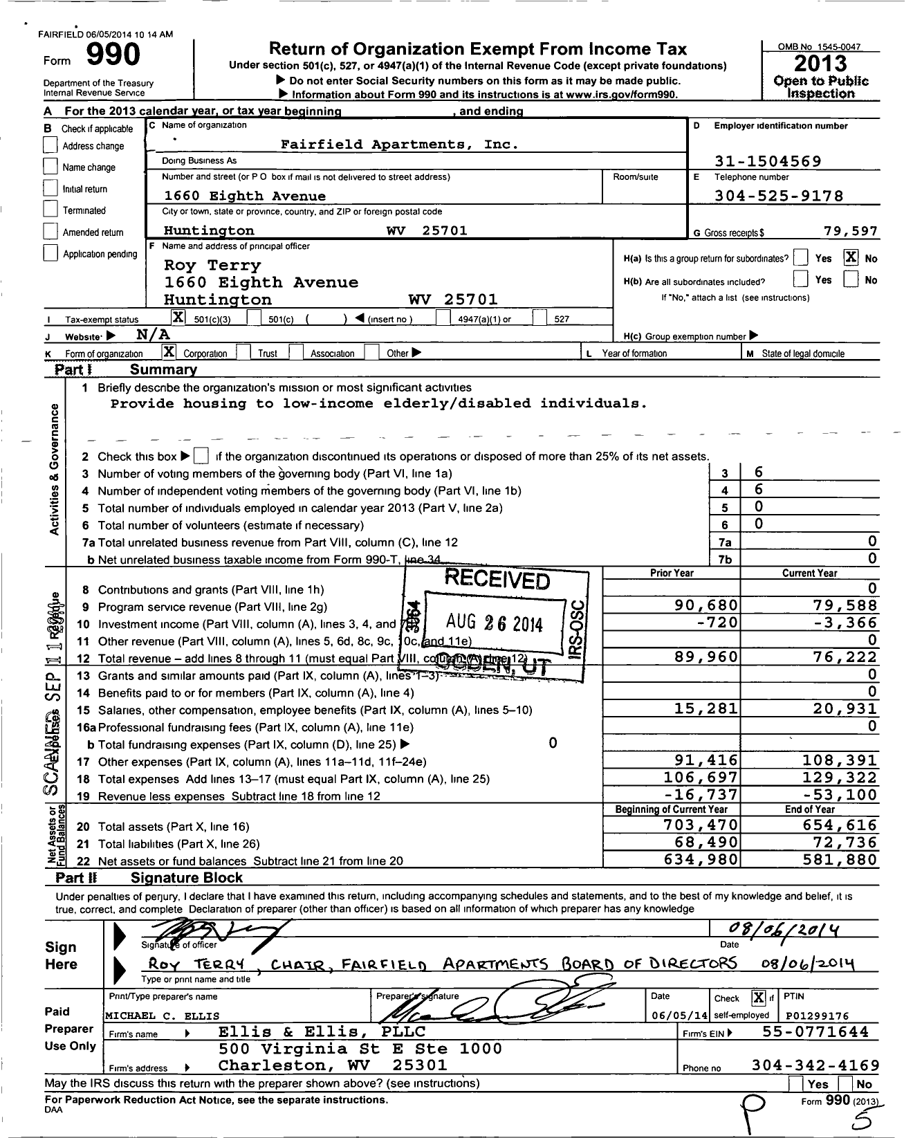 Image of first page of 2013 Form 990 for Fairfield Apartments