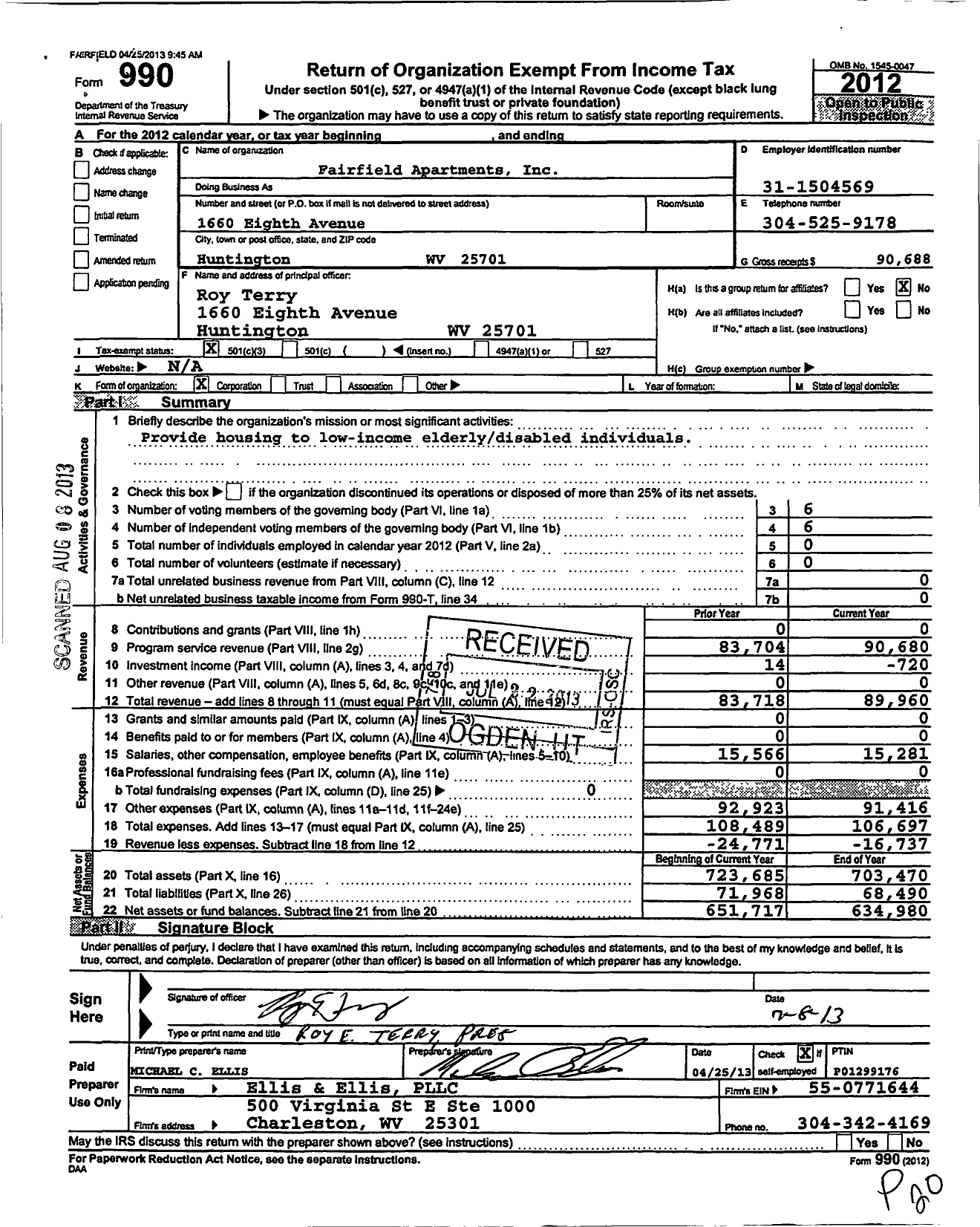 Image of first page of 2012 Form 990 for Fairfield Apartments