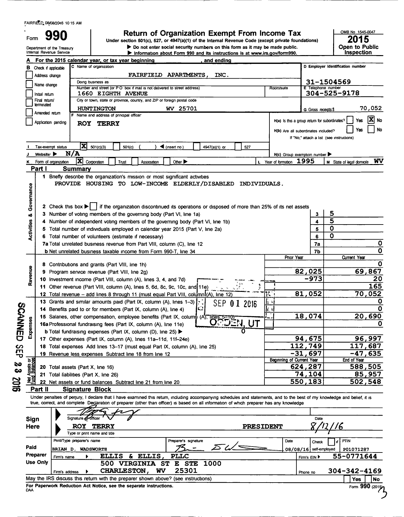 Image of first page of 2015 Form 990 for Fairfield Apartments