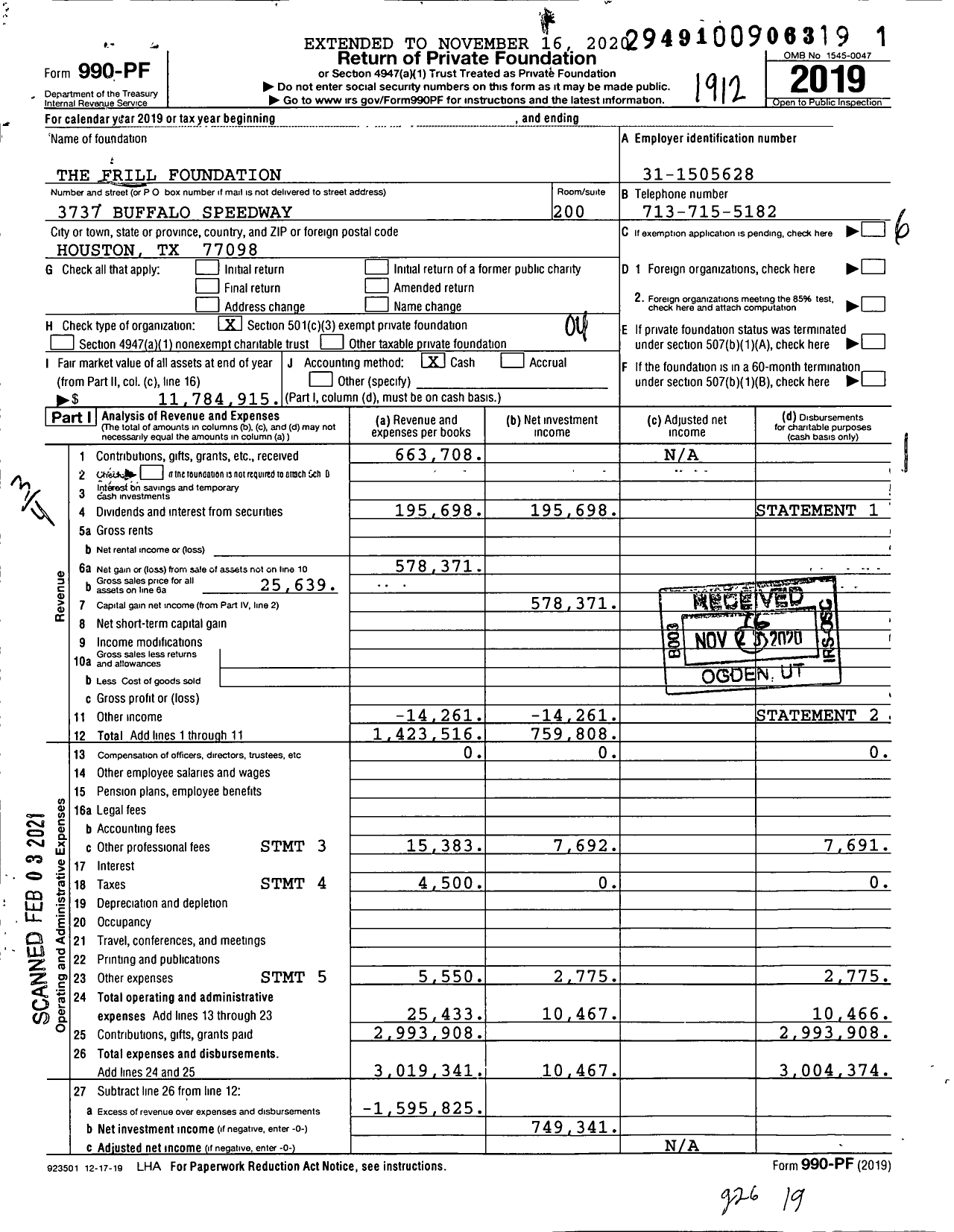 Image of first page of 2019 Form 990PF for The Frill Foundation