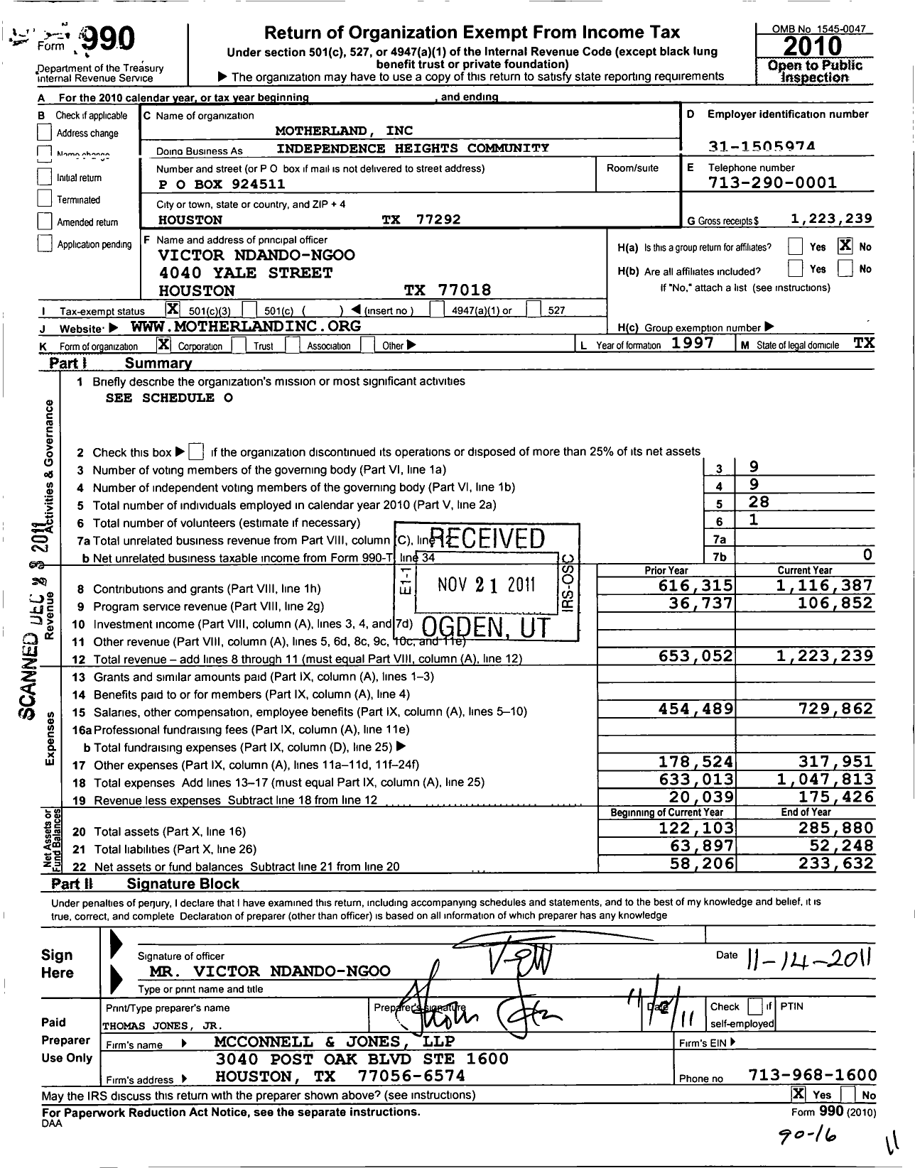 Image of first page of 2010 Form 990 for Independence Heights Community Health Center