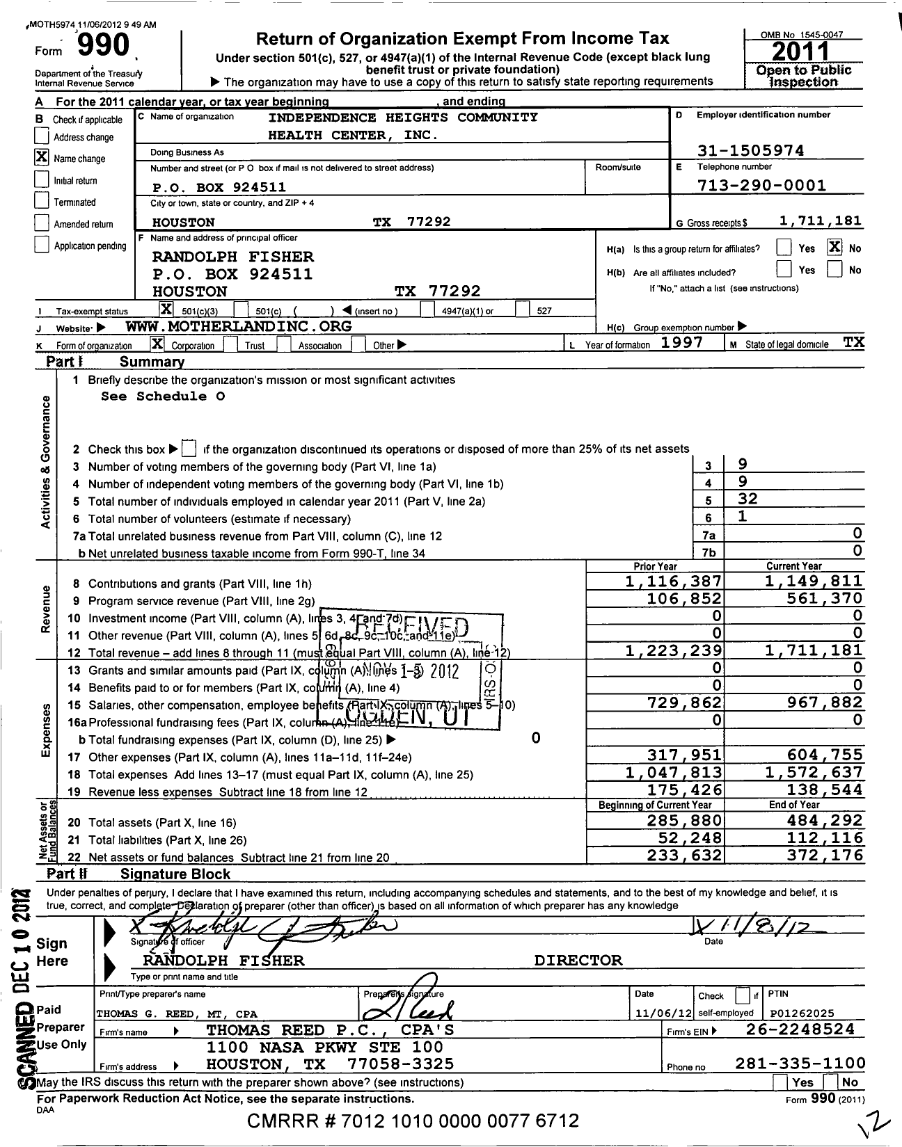 Image of first page of 2011 Form 990 for Independence Heights Community Health Center