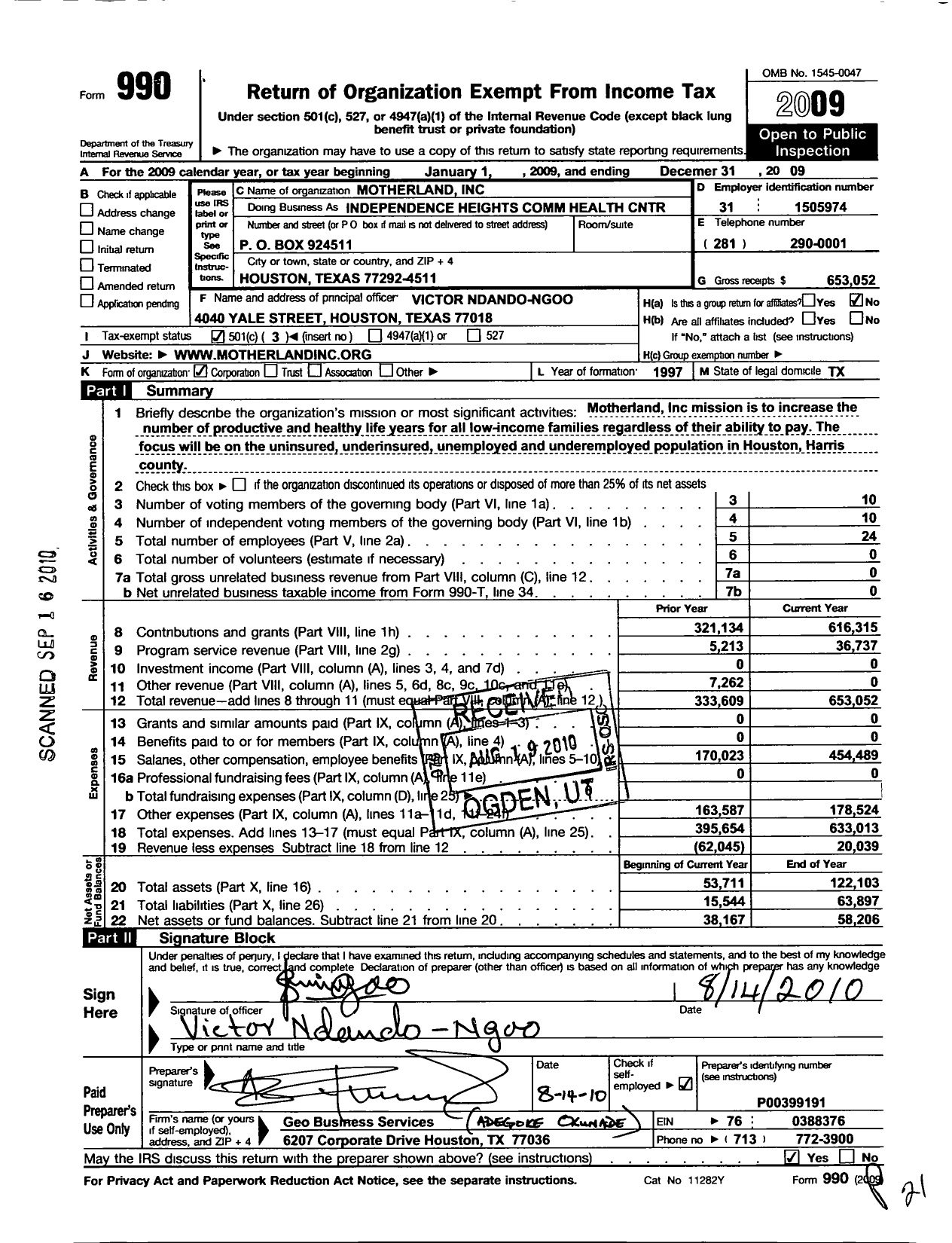 Image of first page of 2009 Form 990 for Independence Heights Community Health Center