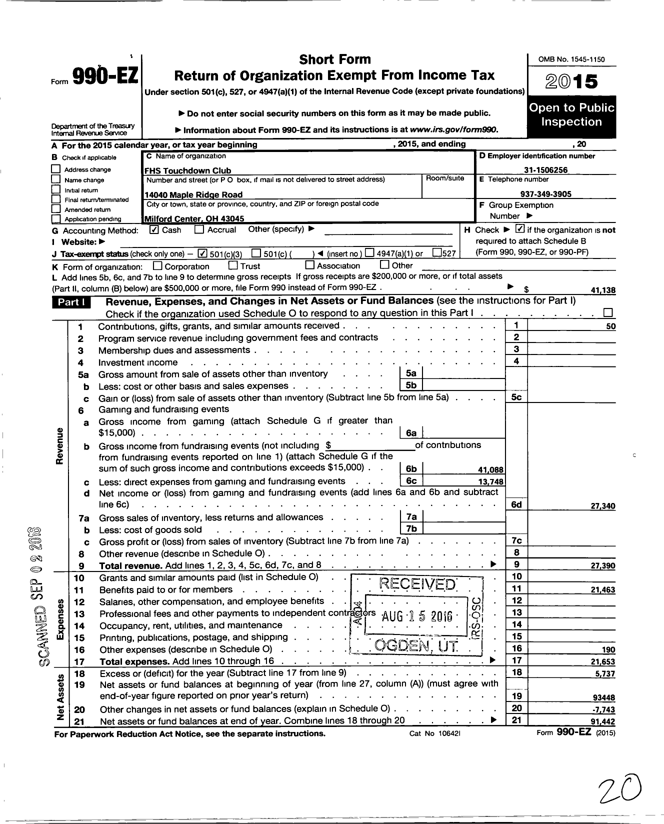 Image of first page of 2015 Form 990EZ for FHS Touchdown Club