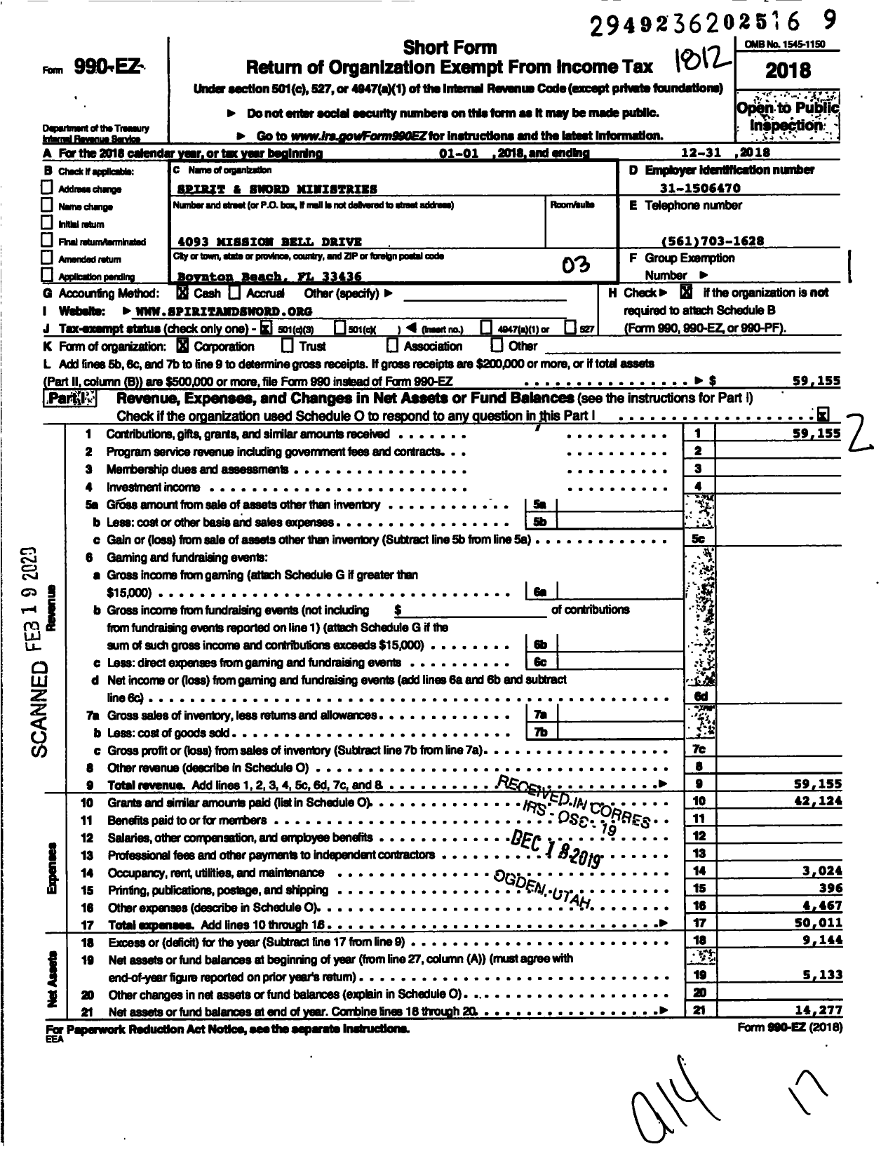 Image of first page of 2018 Form 990EZ for Spirit and Sword Ministries