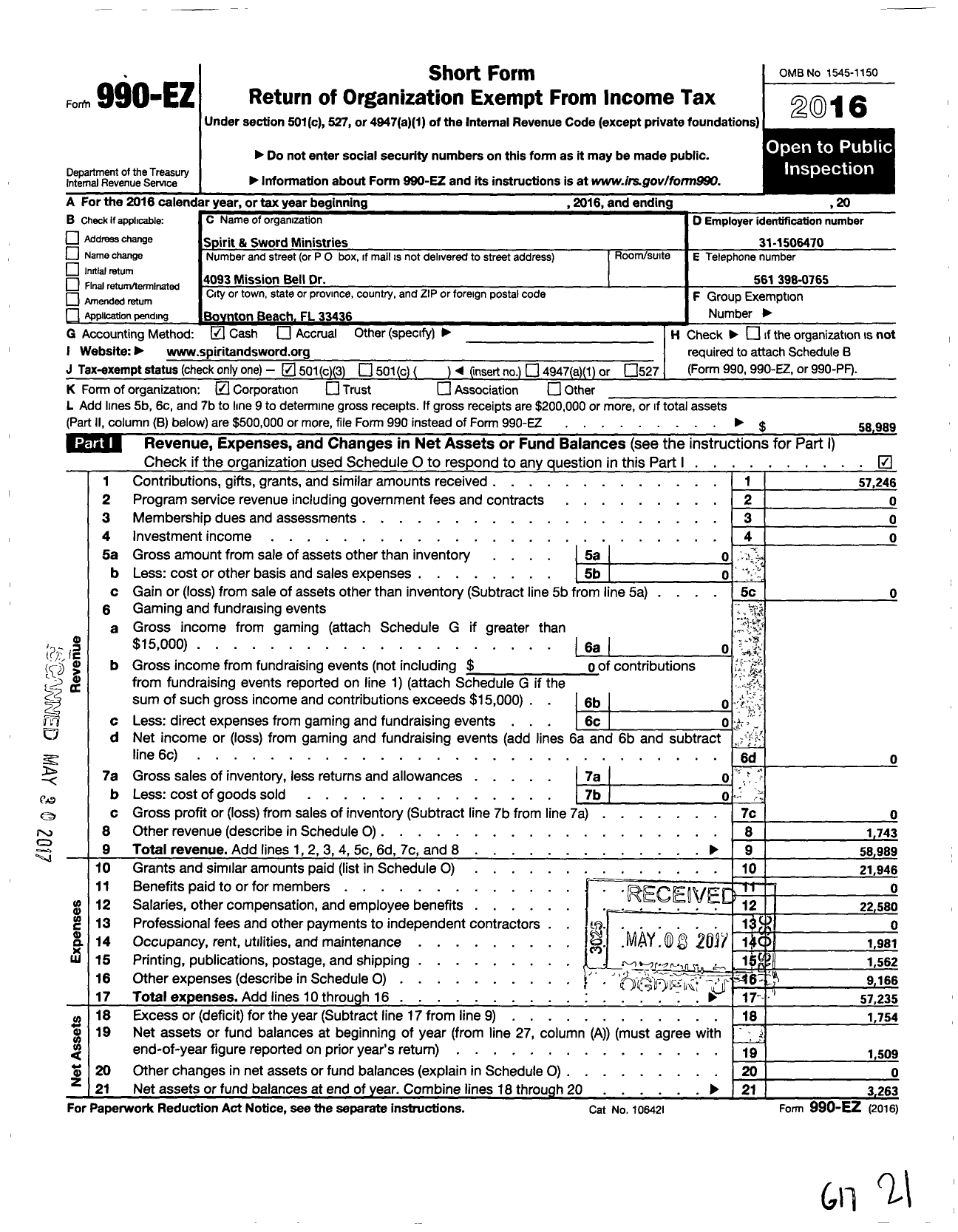 Image of first page of 2016 Form 990EZ for Spirit and Sword Ministries