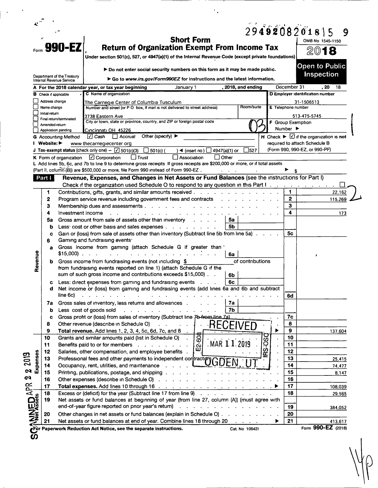 Image of first page of 2018 Form 990EZ for The Carneige Center of Columbia Tusculum