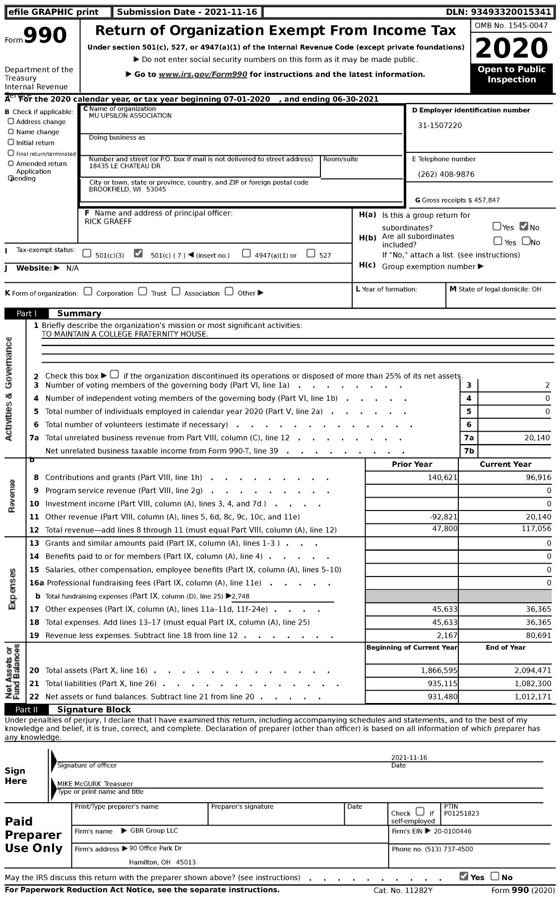 Image of first page of 2020 Form 990 for Mu Upsilon Association