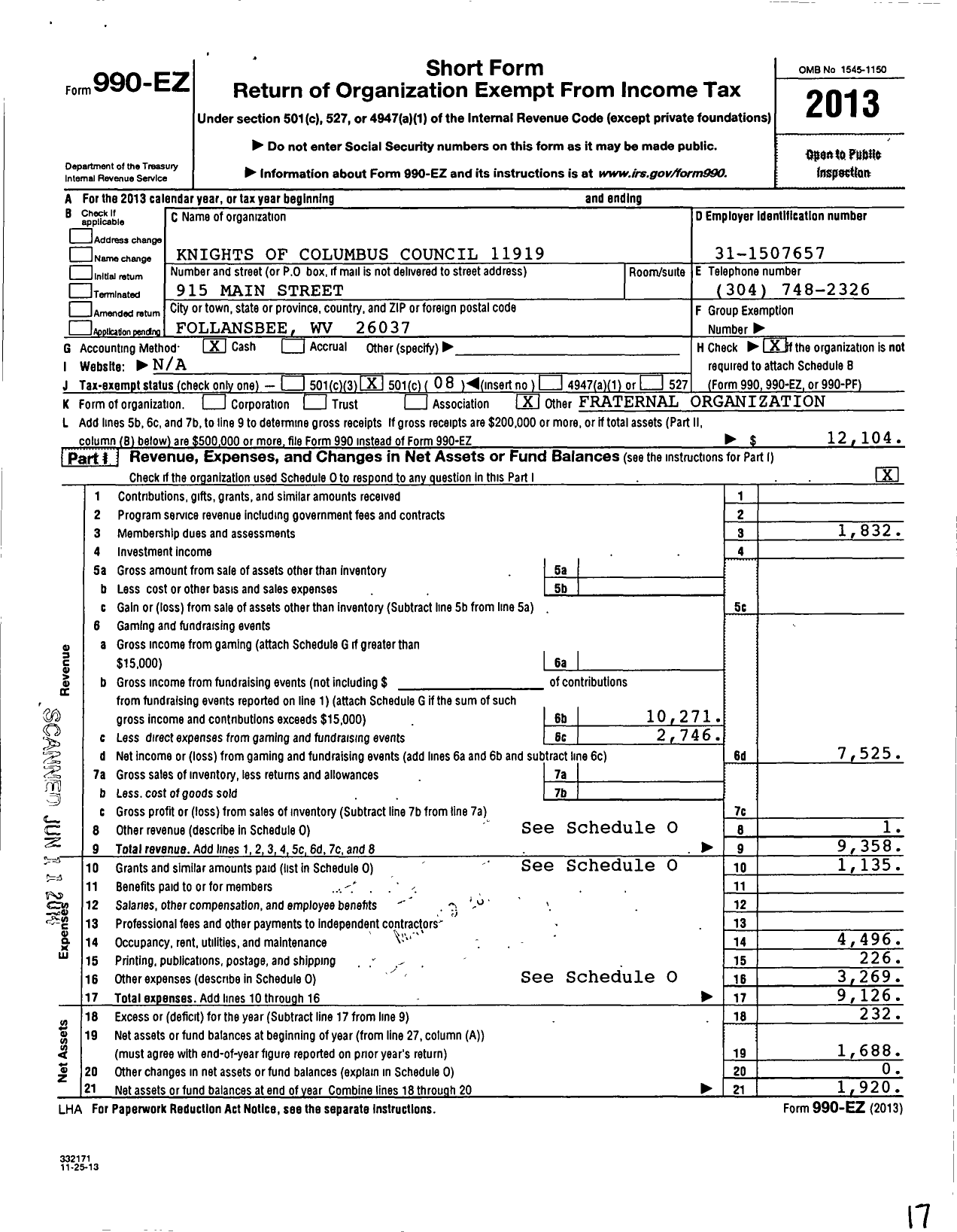 Image of first page of 2013 Form 990EO for Knights of Columbus - 11919 St Anthonys Council