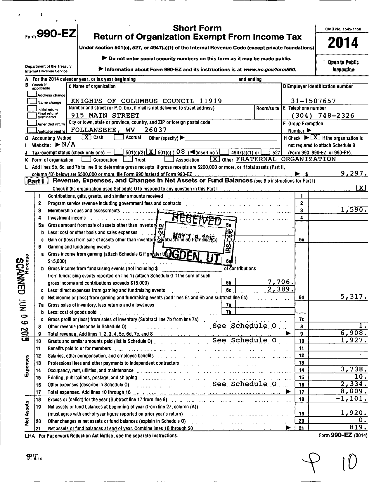 Image of first page of 2014 Form 990EO for Knights of Columbus - 11919 St Anthonys Council