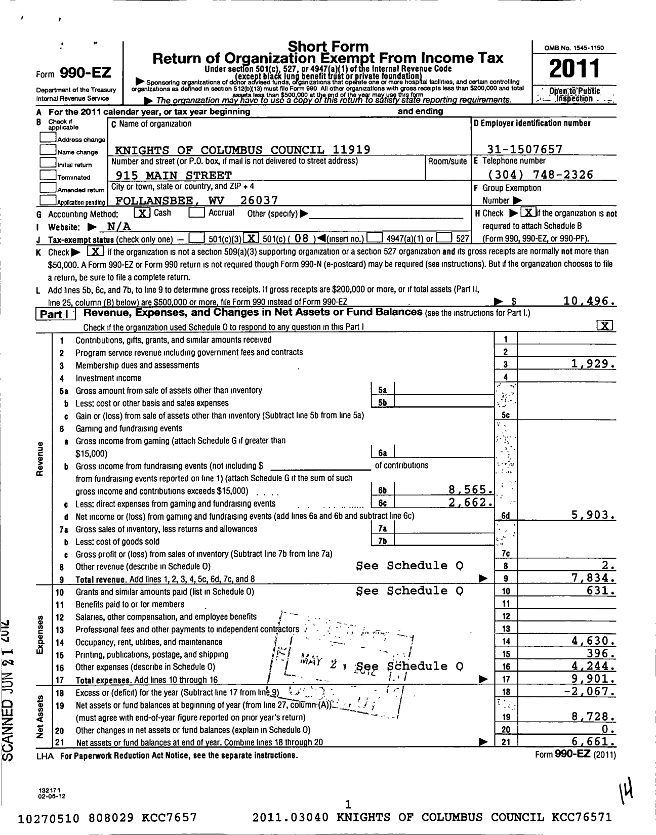 Image of first page of 2011 Form 990EO for Knights of Columbus - 11919 St Anthonys Council