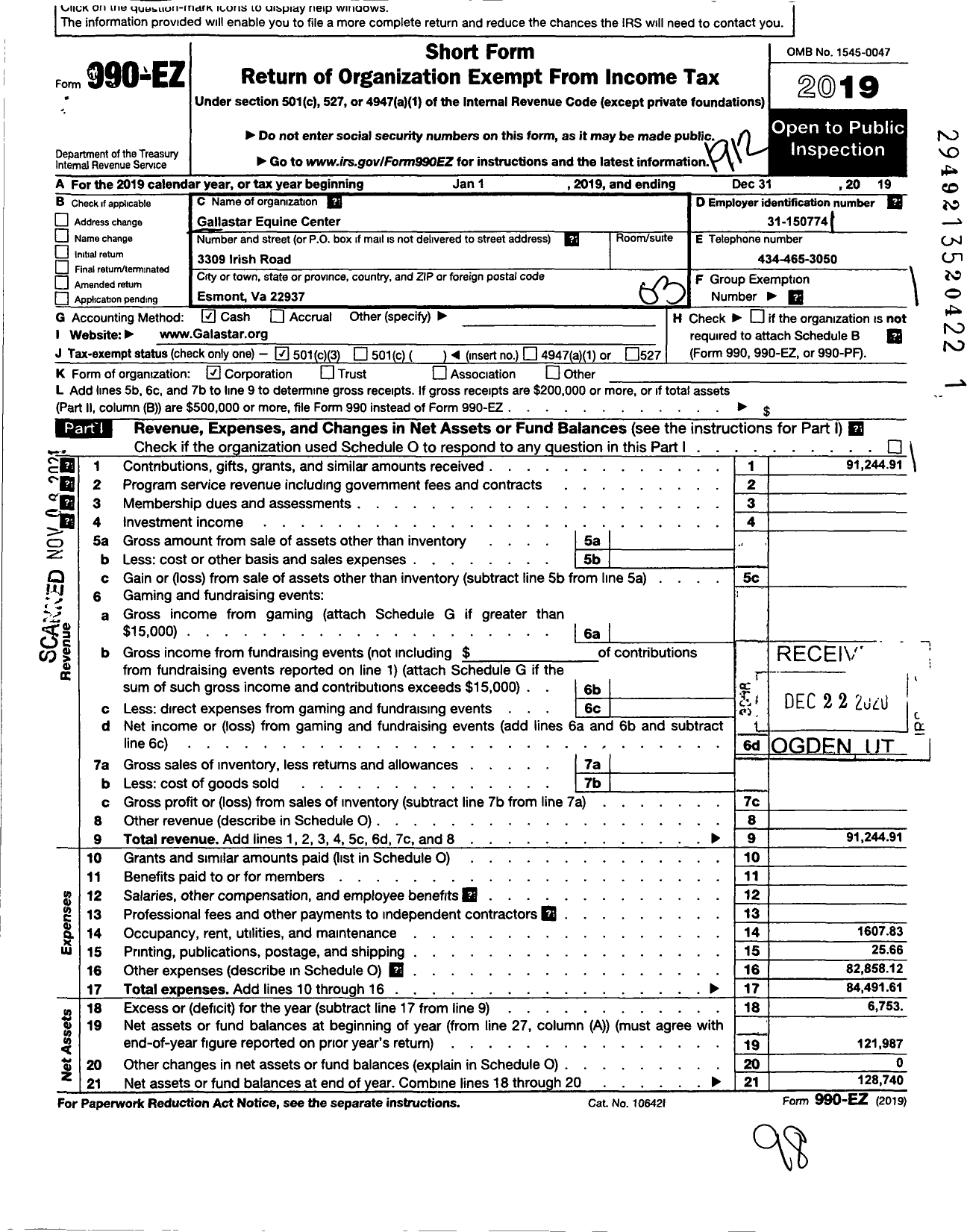 Image of first page of 2019 Form 990EZ for Gallastar Equine Center