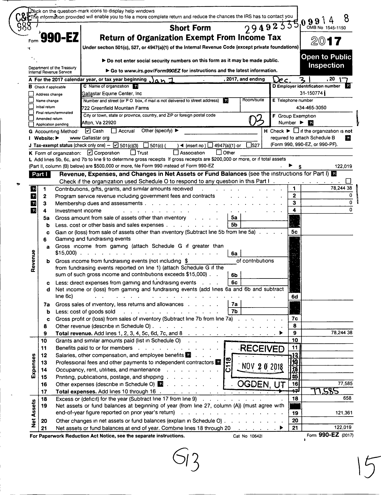 Image of first page of 2017 Form 990EZ for Gallastar Equine Center