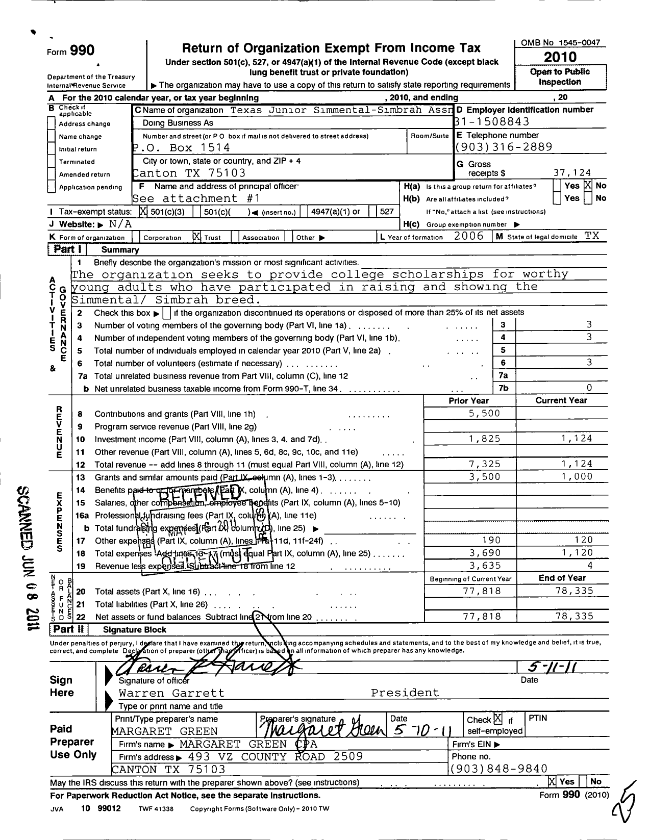 Image of first page of 2010 Form 990 for Texas Junior Simmental-Simbrah Association Tjssa Education Trust