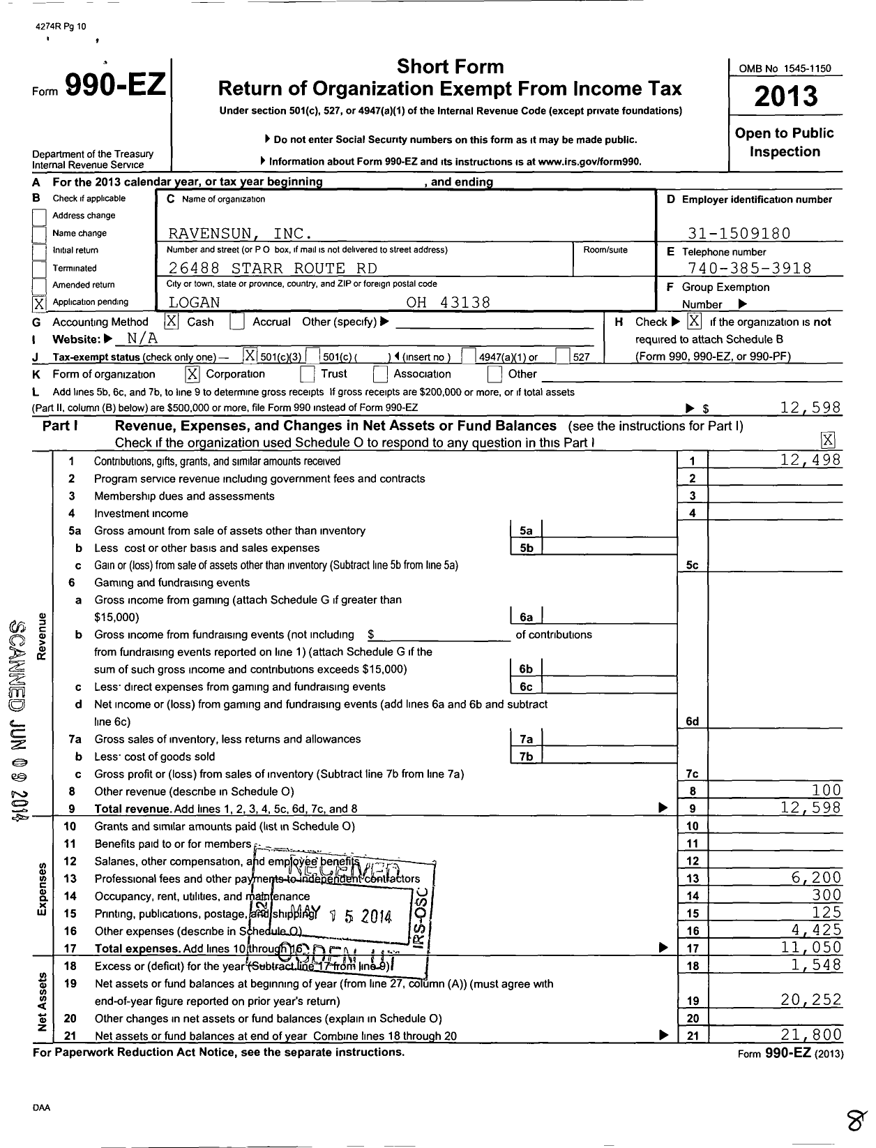 Image of first page of 2013 Form 990EZ for Ravesun