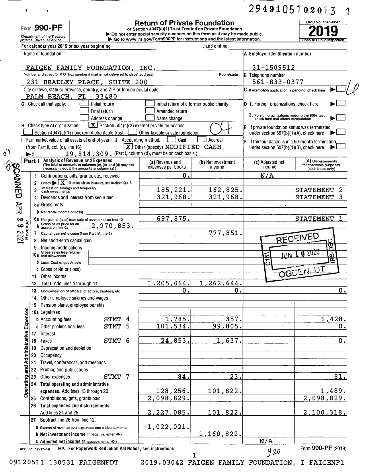 Image of first page of 2019 Form 990PF for Faigen Family Foundation