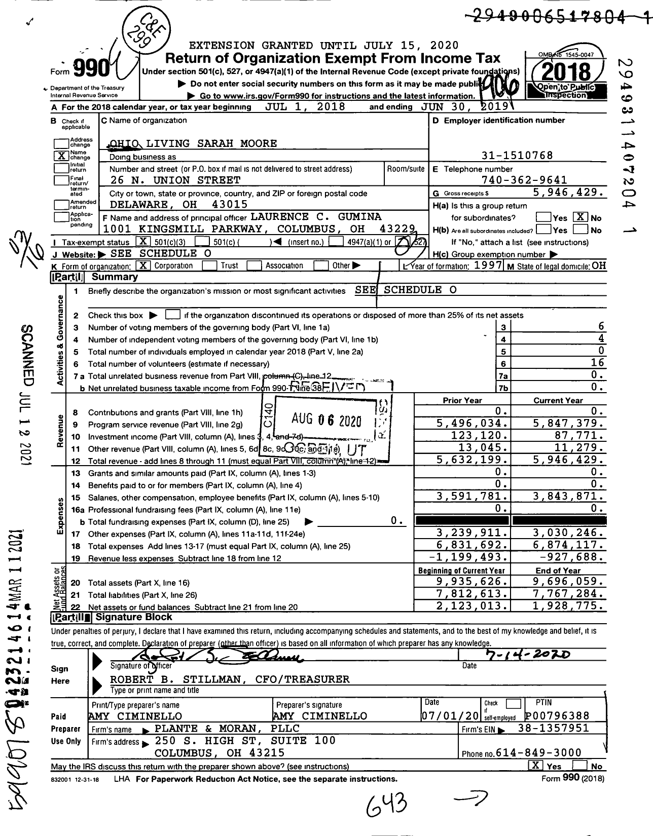 Image of first page of 2018 Form 990 for Ohio Living Sarah Moore