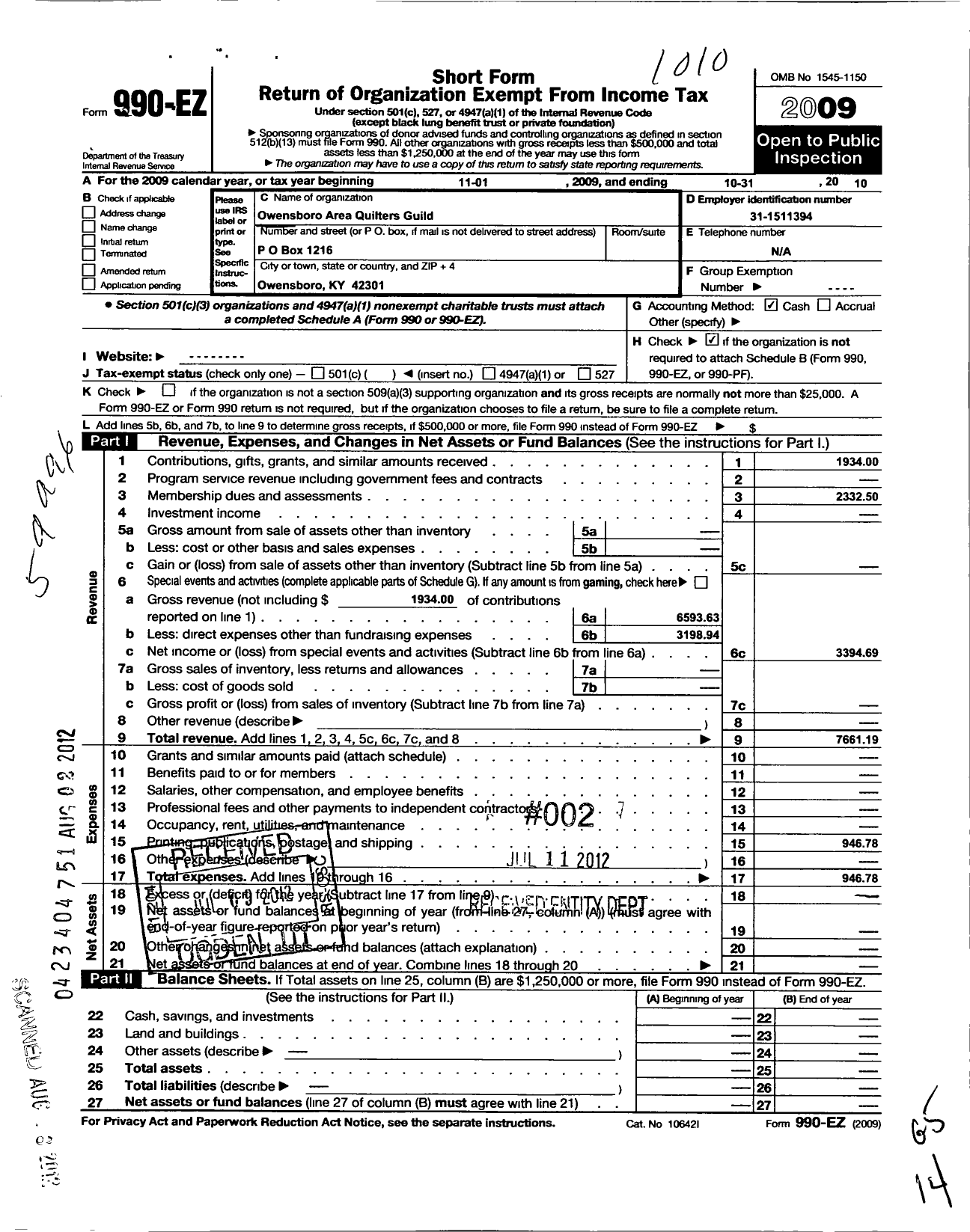 Image of first page of 2009 Form 990EO for Owensboro Area Quilters Guild