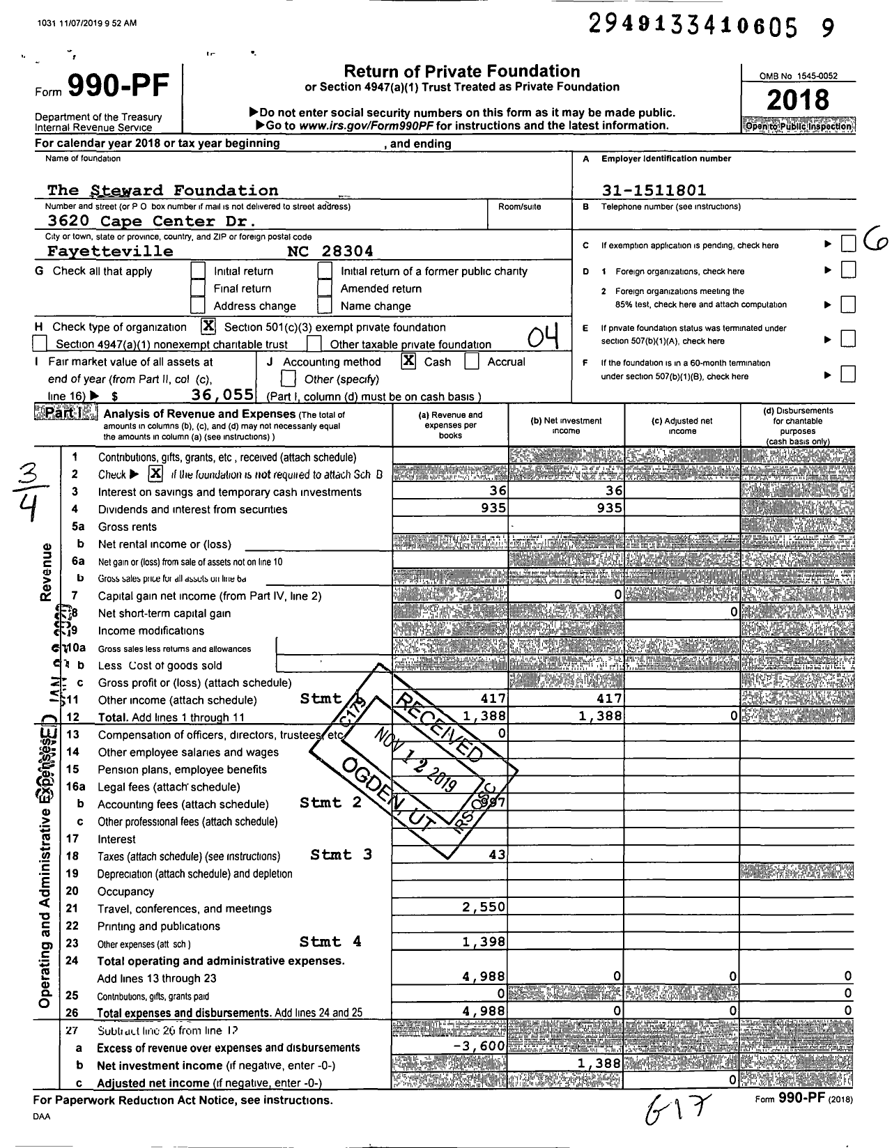 Image of first page of 2018 Form 990PF for The Steward Foundation