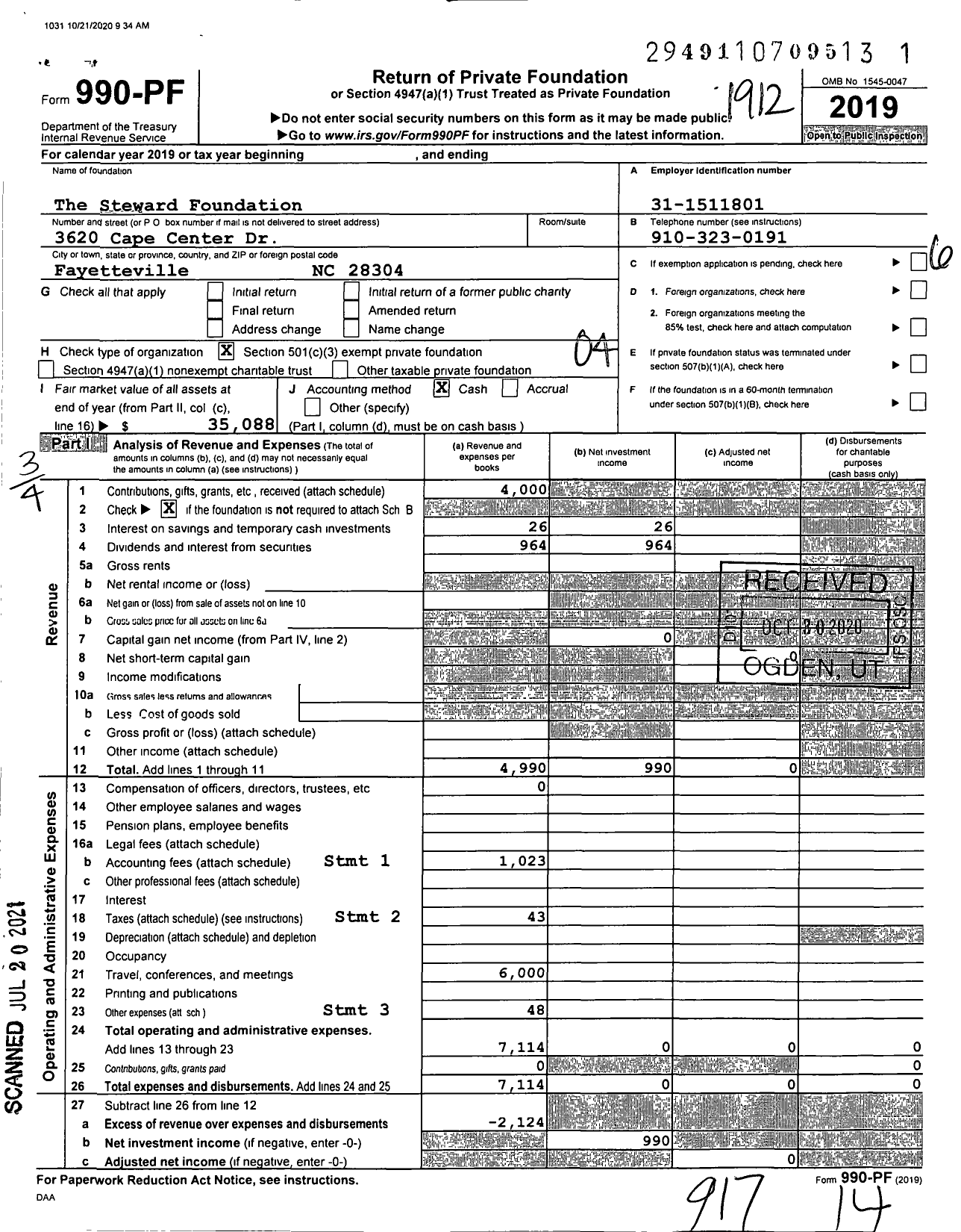 Image of first page of 2019 Form 990PF for The Steward Foundation