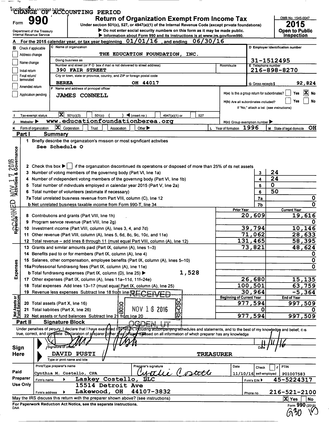 Image of first page of 2015 Form 990 for The Education Foundation / Comstock Mark A