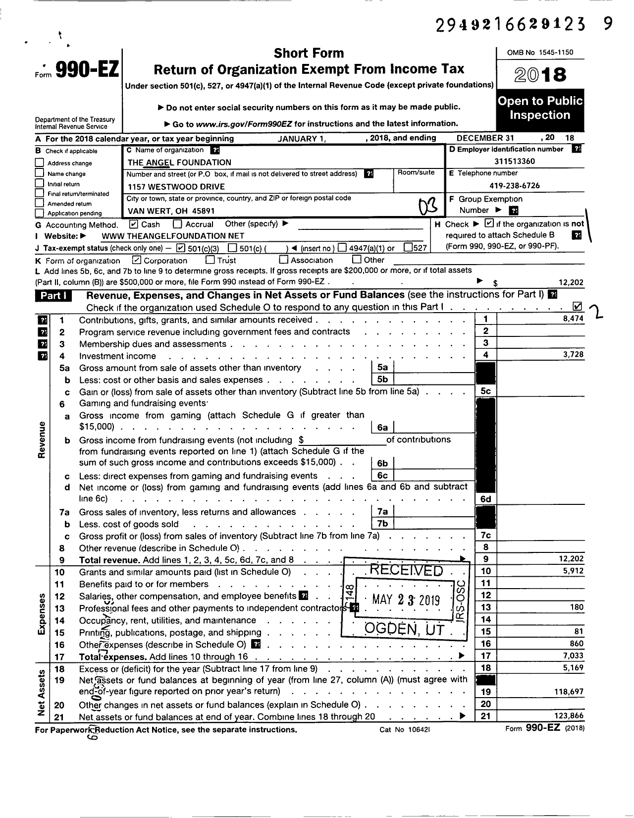 Image of first page of 2018 Form 990EZ for The Angel Foundation