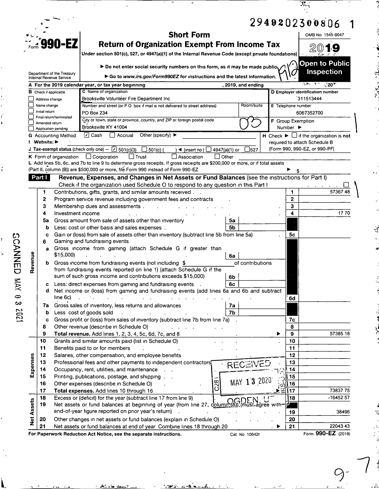 Image of first page of 2019 Form 990EZ for Brooksville Volunteer Fire Dept