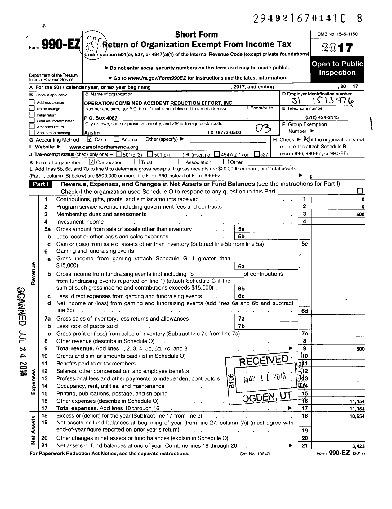 Image of first page of 2017 Form 990EZ for Operation Combined Accident Reduction Effort