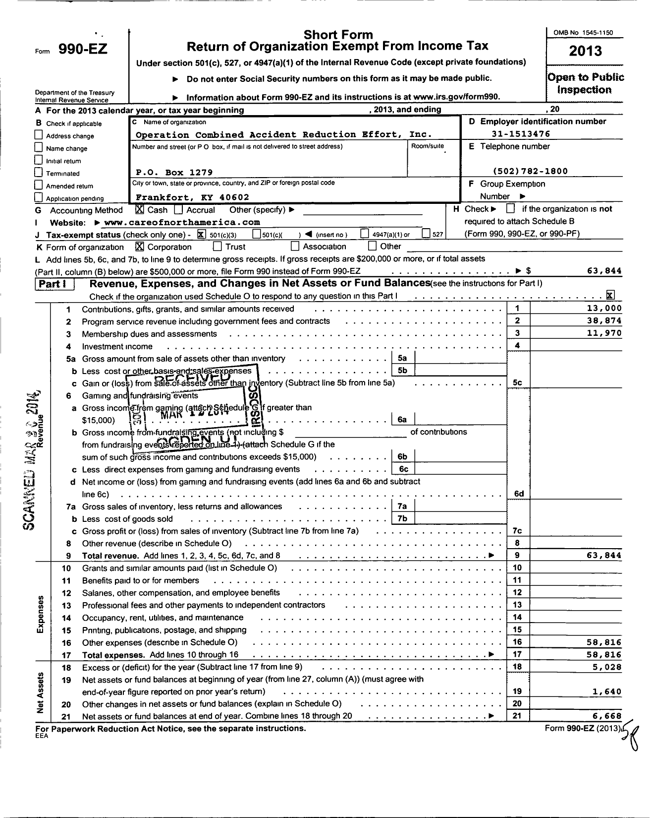 Image of first page of 2013 Form 990EZ for Operation Combined Accident Reduction Effort