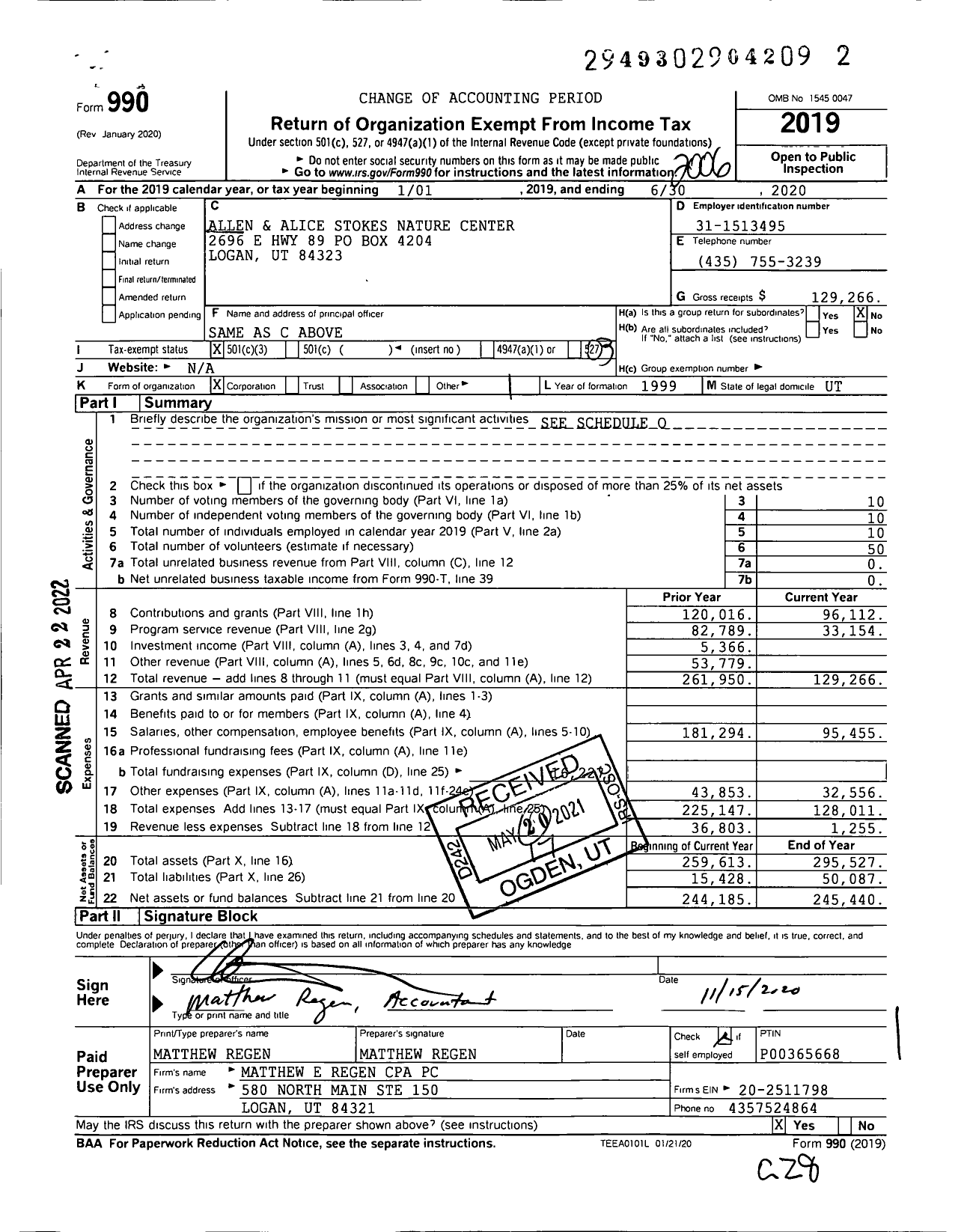 Image of first page of 2019 Form 990 for Allen and Alice Stokes Nature Center