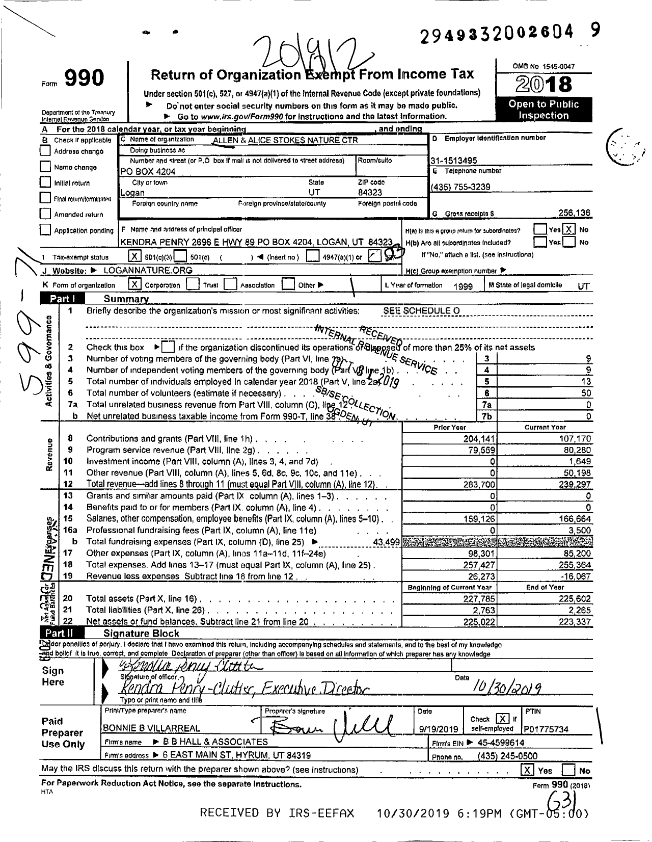 Image of first page of 2018 Form 990 for Allen and Alice Stokes Nature Center