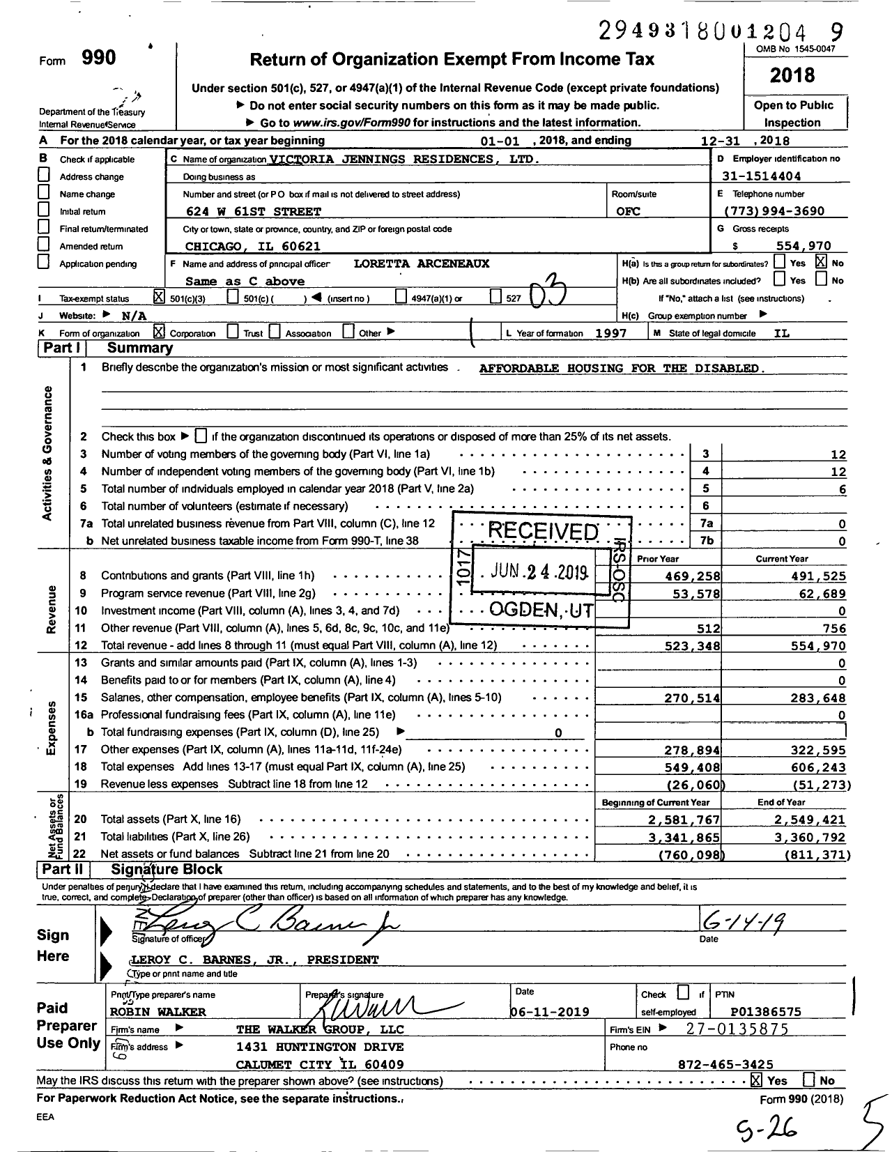 Image of first page of 2018 Form 990 for Victoria Jennings Residences