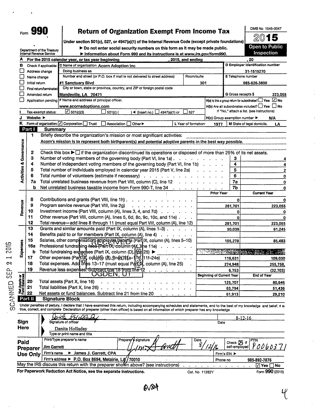 Image of first page of 2015 Form 990 for Acorn Adoption